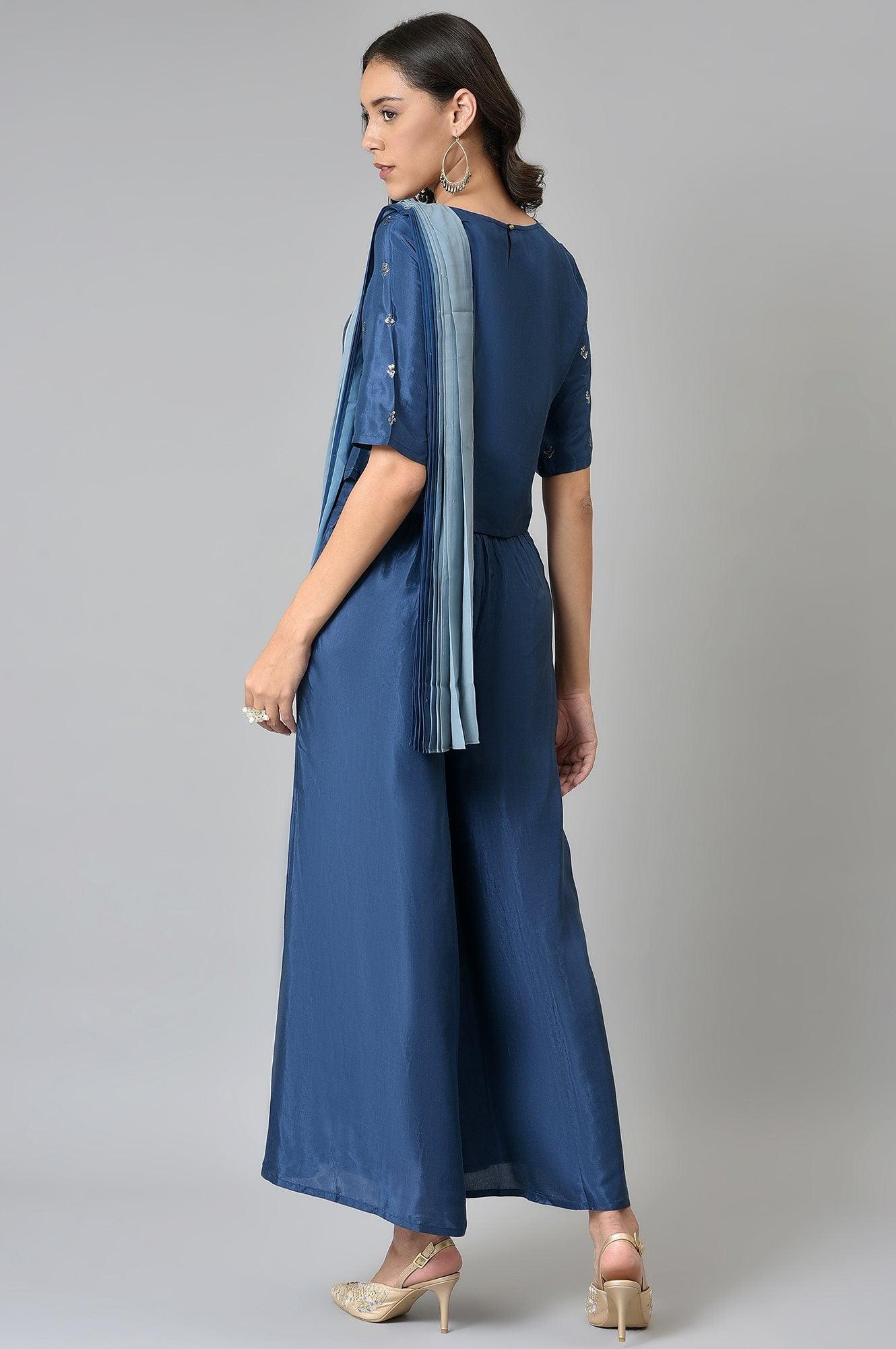 Navy Blue Crop With Pants Having Attached Ombre Drape - wforwoman