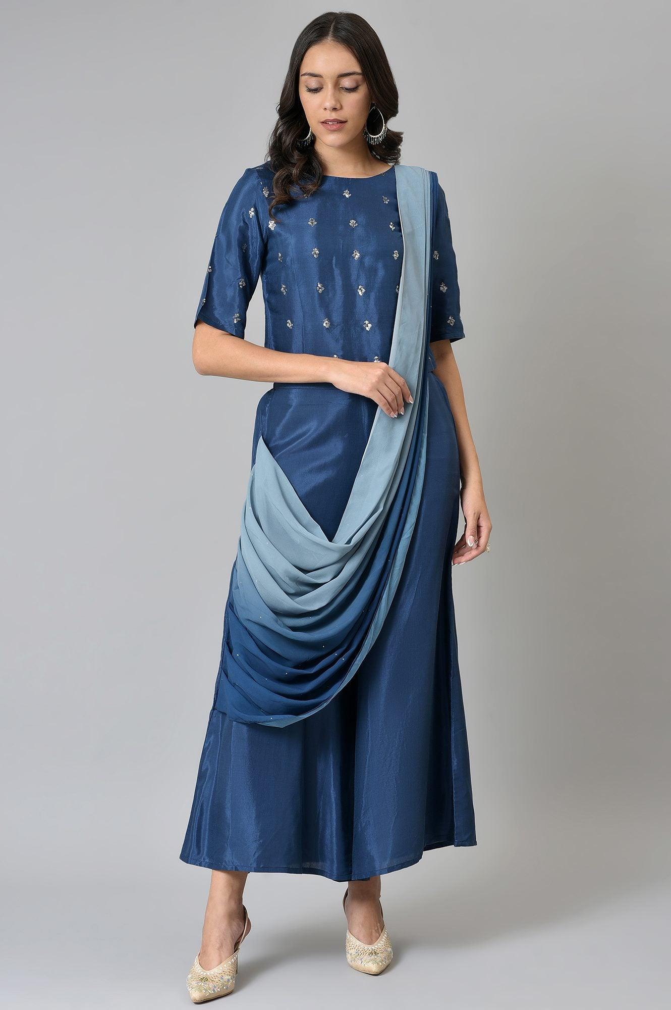 Navy Blue Crop With Pants Having Attached Ombre Drape - wforwoman