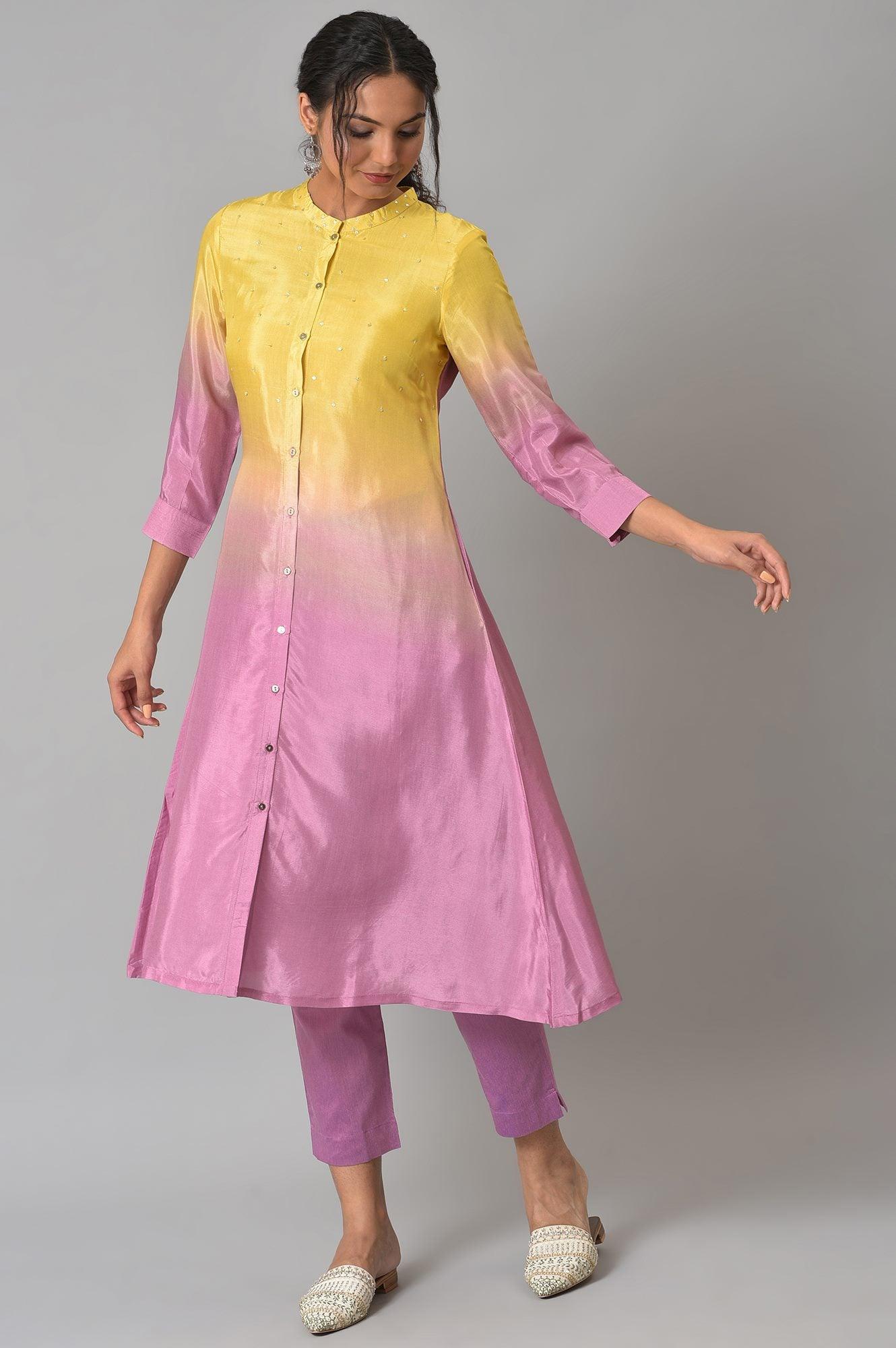Corn Yellow And Plum Ombre A-Line kurta With Pants - wforwoman