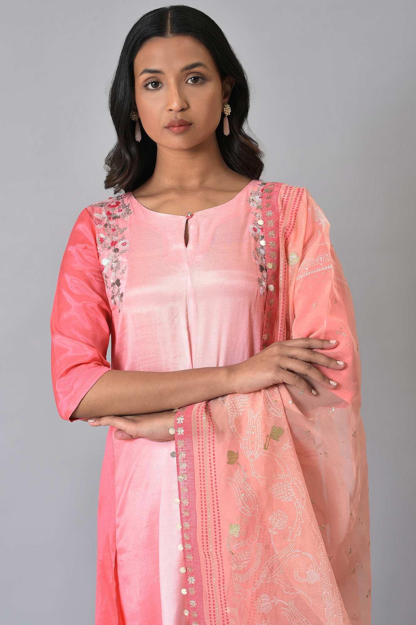 Pink Embroidered Ombre kurta Set - wforwoman