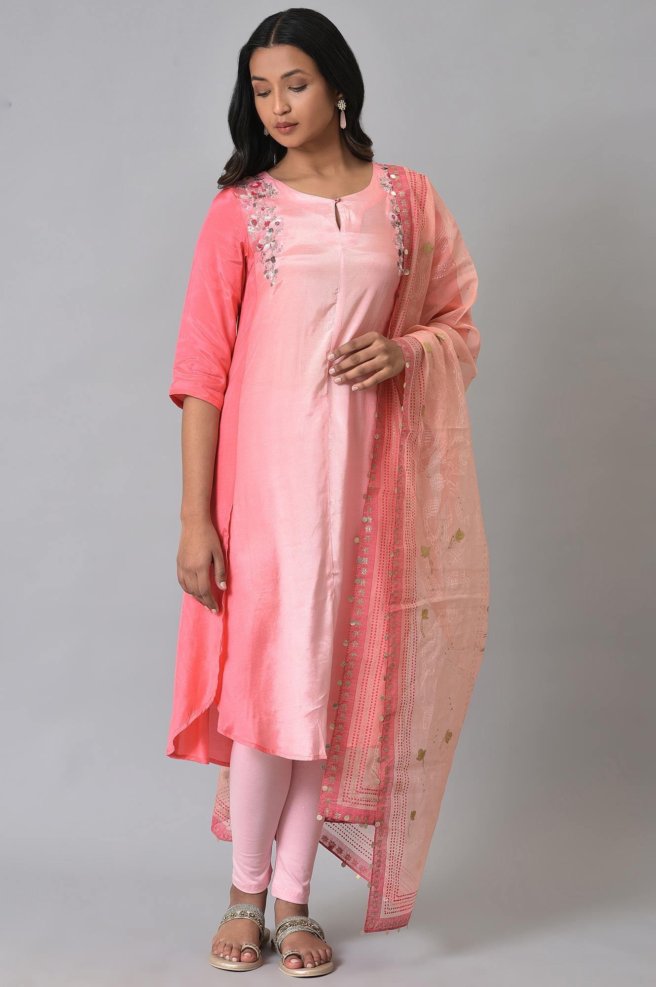 Pink Embroidered Ombre kurta Set - wforwoman