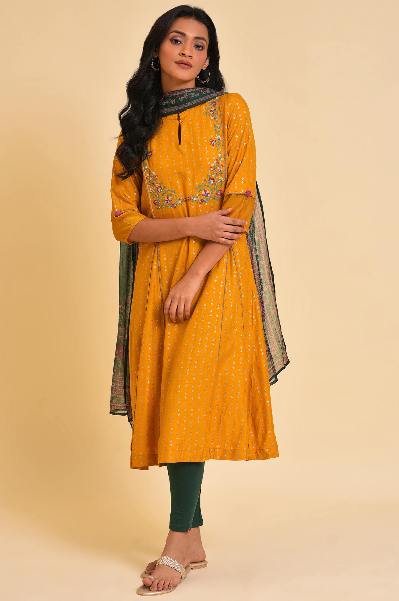 Yellow Embroidered kurta, Tights & Dupatta Set