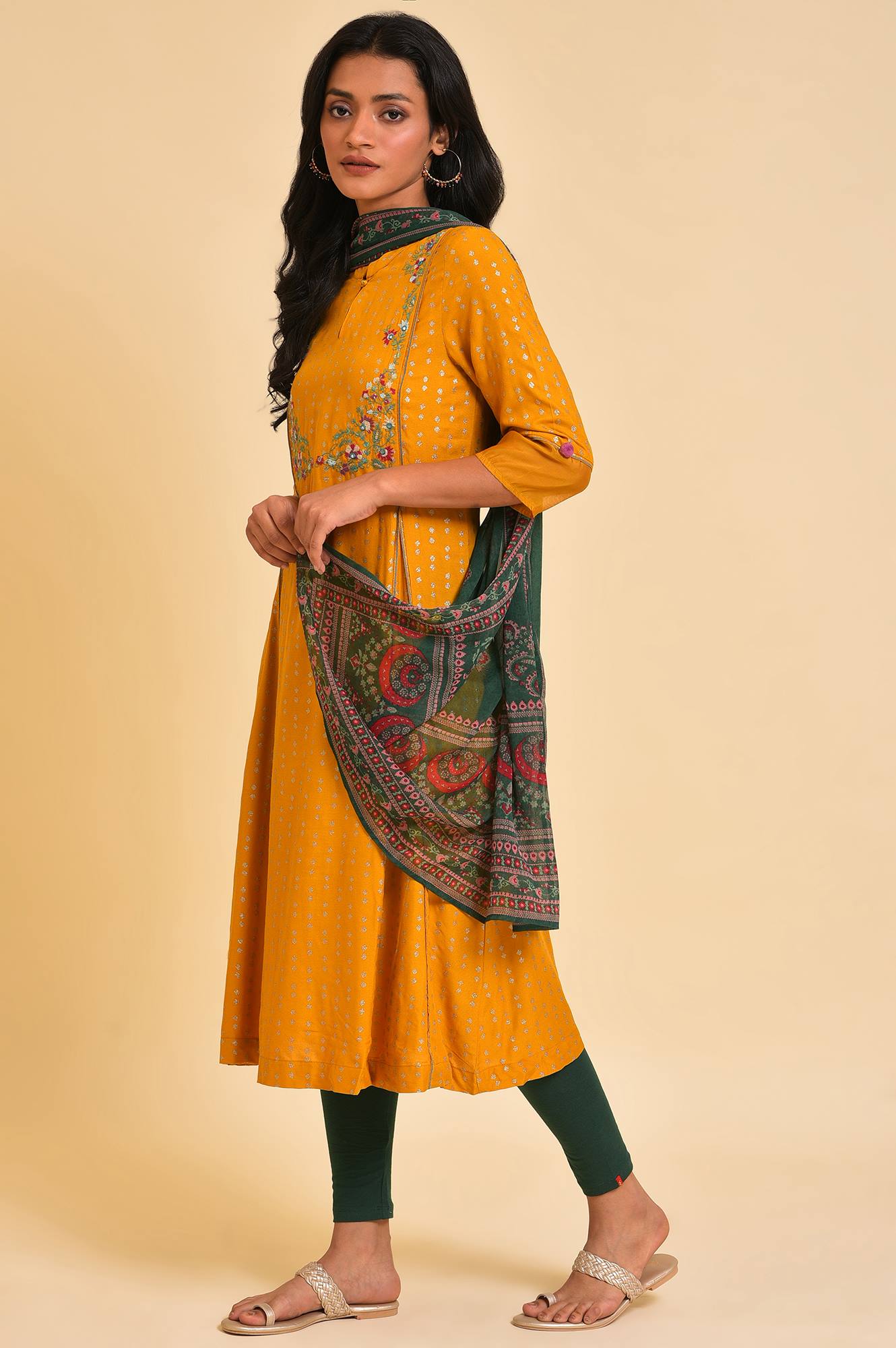 Yellow Embroidered kurta, Tights & Dupatta Set