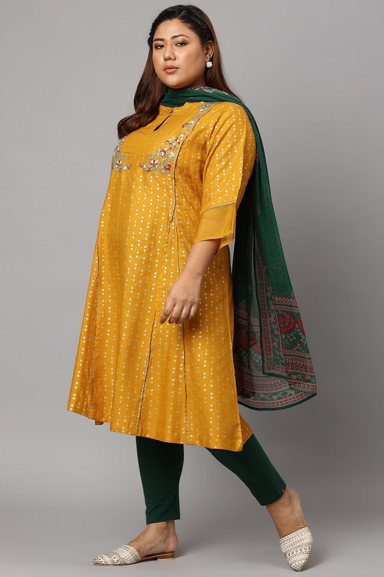 Plus Size Mustard Yellow Embroidered kurta With Green Tights And Printed Dupatta - wforwoman