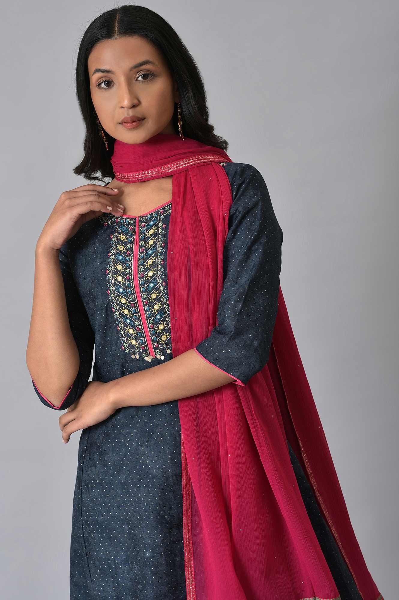 Royal Blue Printed kurta With Pink Printed Slim Pants And Dupatta - wforwoman
