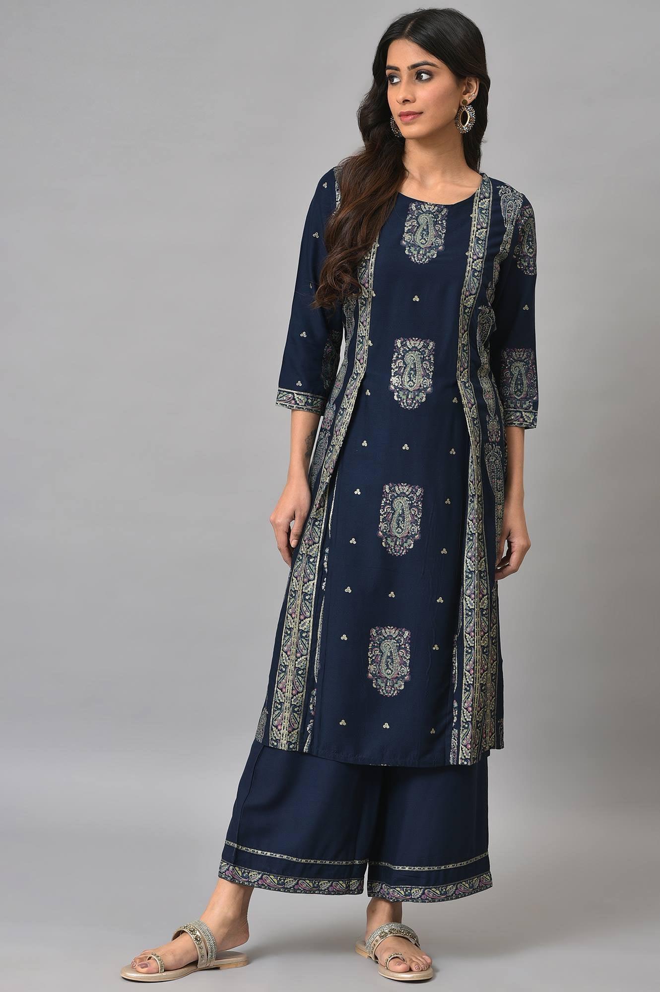 Dark Blue Paisley Printed kurta With Parallel Pants - wforwoman