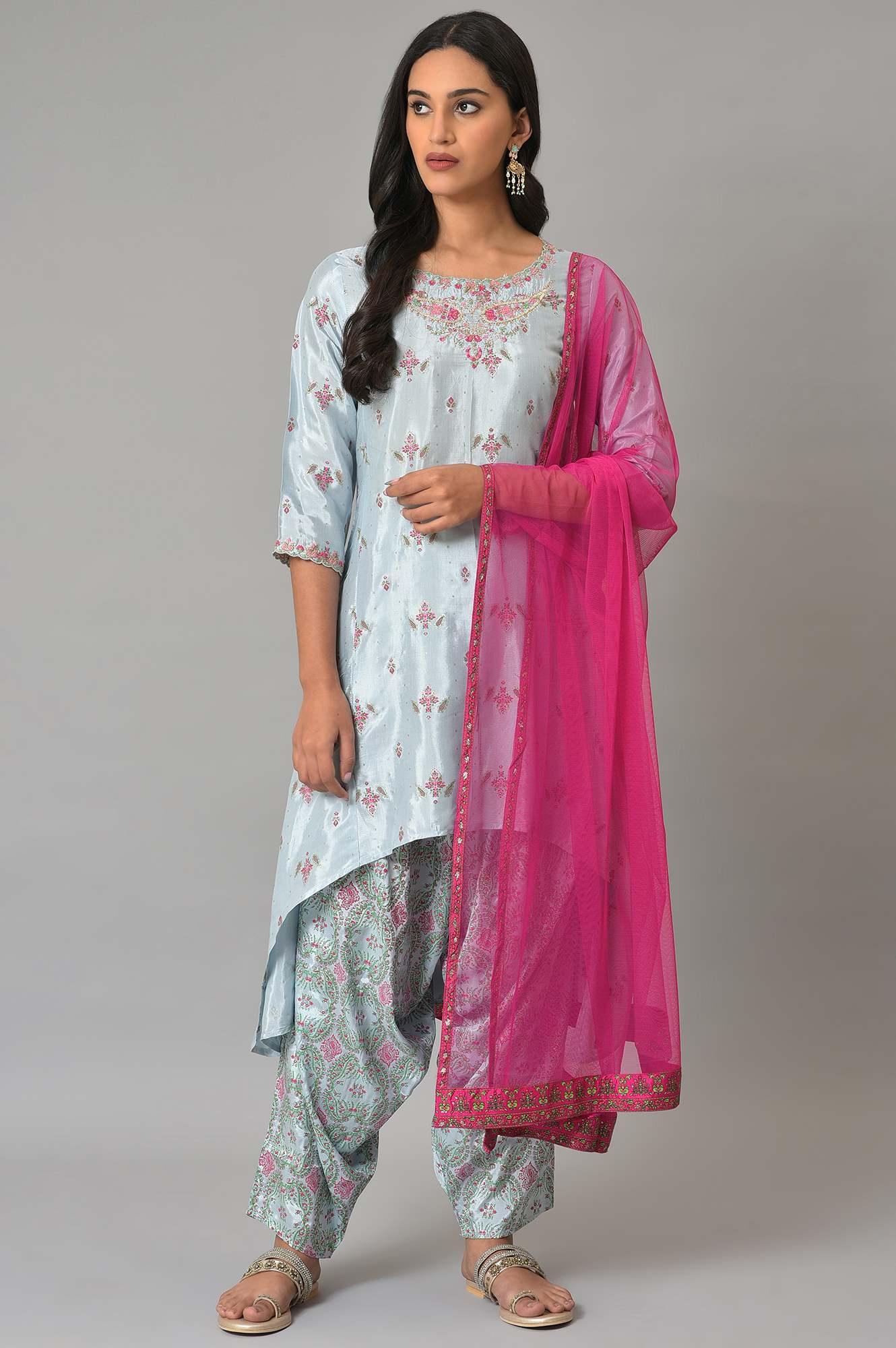 Light Blue Paisley Print High-Low kurta With Draped Pants And Pink Dupatta - wforwoman