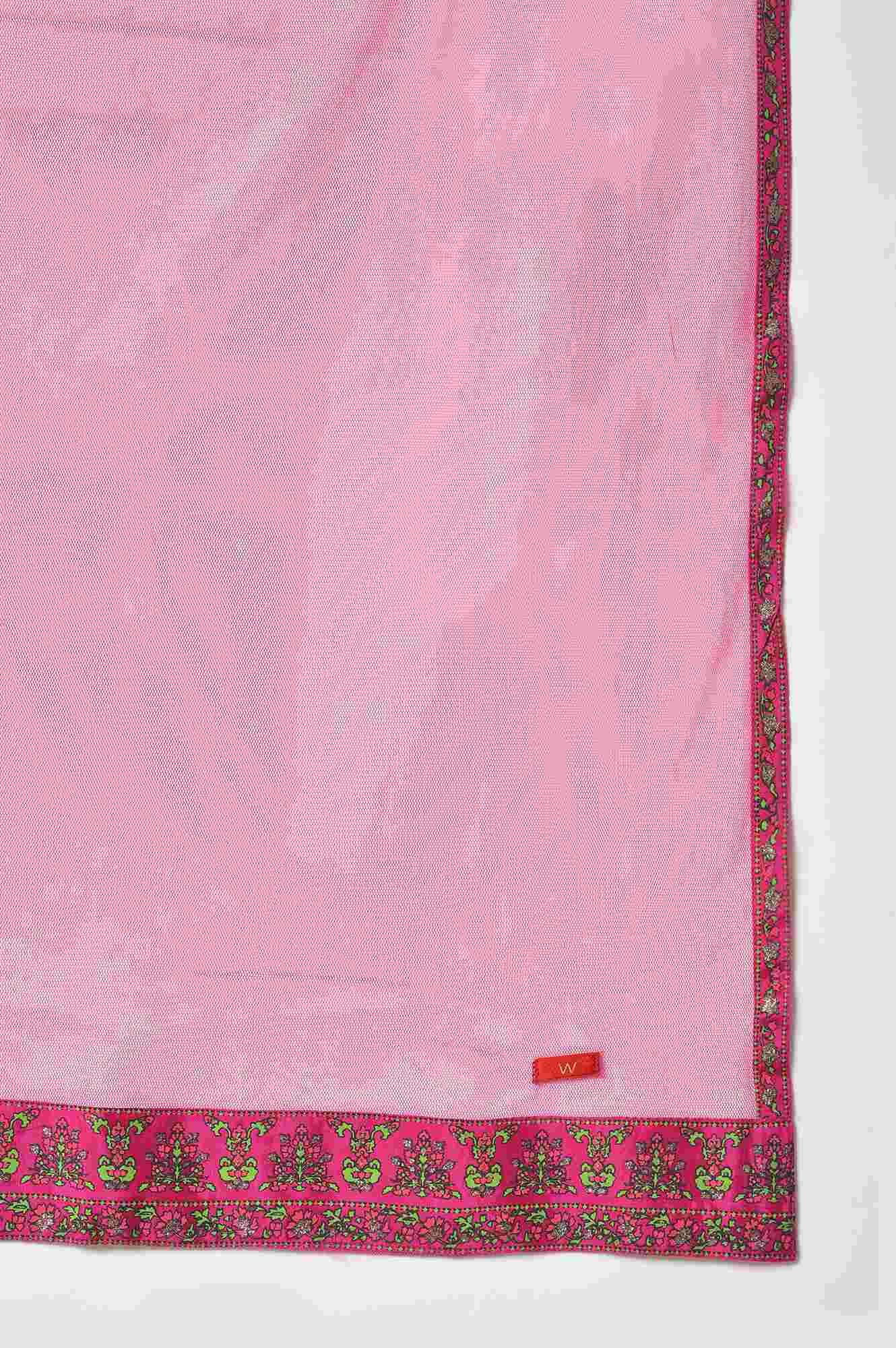 Light Blue Paisley Print High-Low kurta With Draped Pants And Pink Dupatta - wforwoman