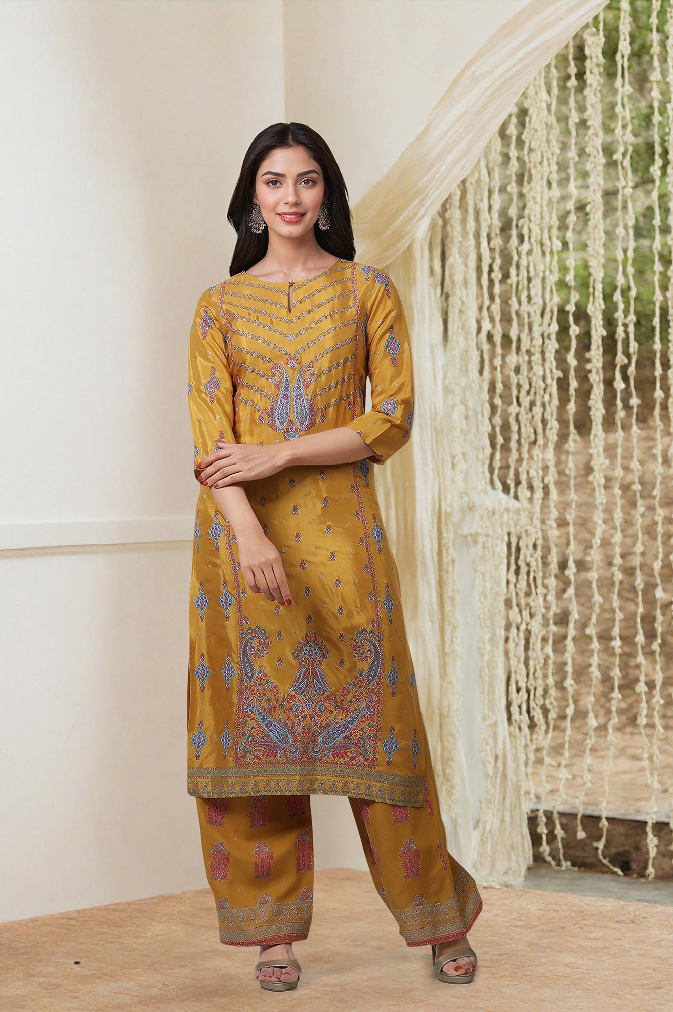 Yellow Glitter Printed Straight Kurta and Pants Co-ord Set