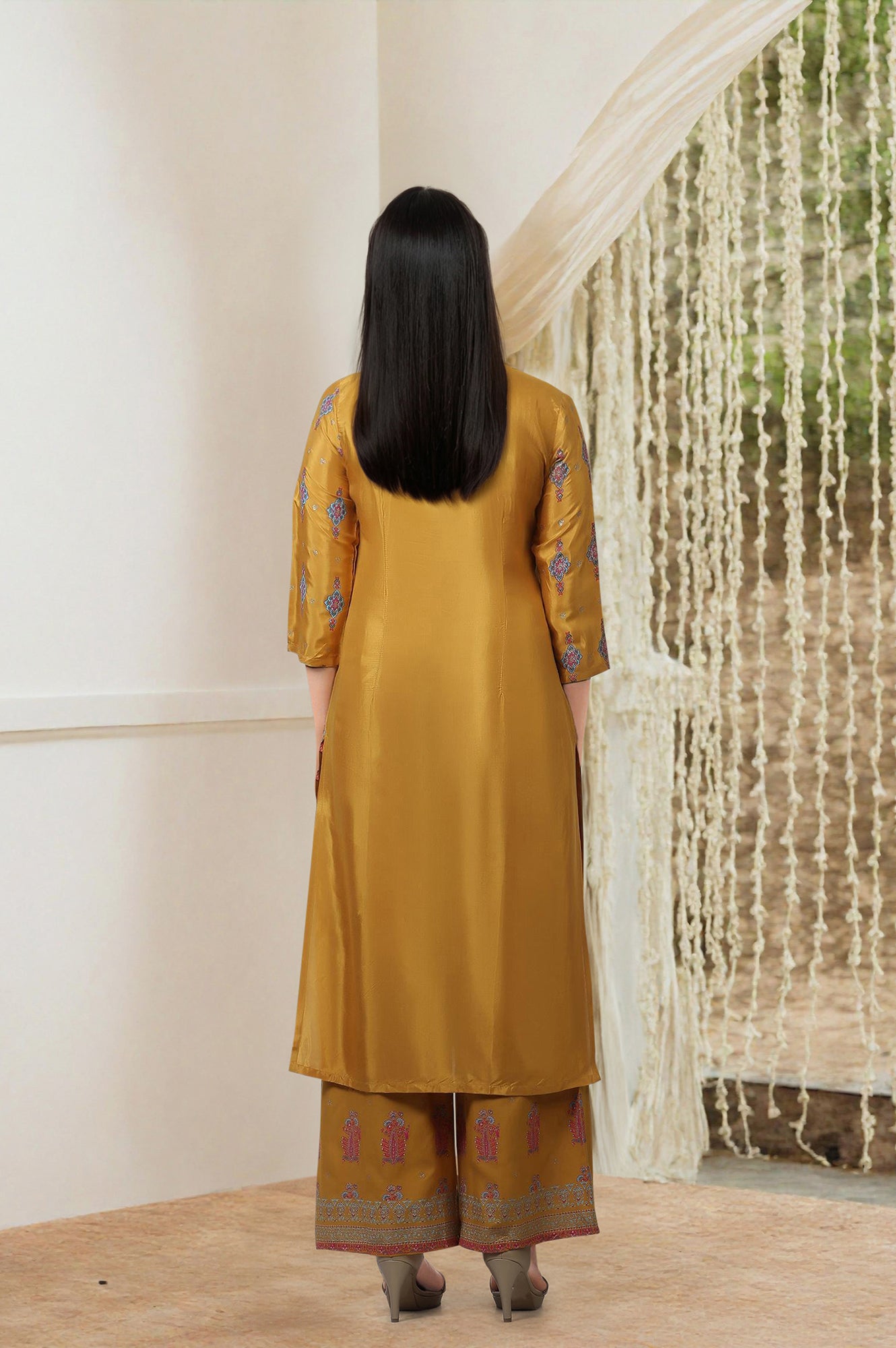 Yellow Glitter Printed Straight Kurta and Pants Co-ord Set