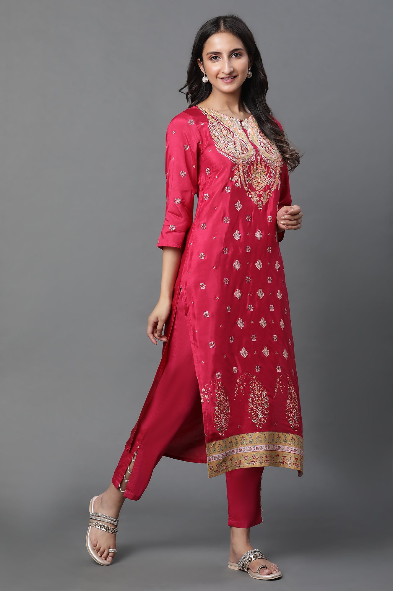 Dark Pink Placement Printed Kurta, Pants And Dupatta Set