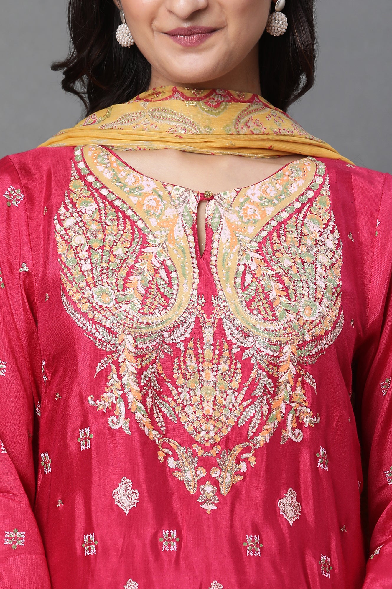 Dark Pink Placement Printed Kurta, Pants And Dupatta Set