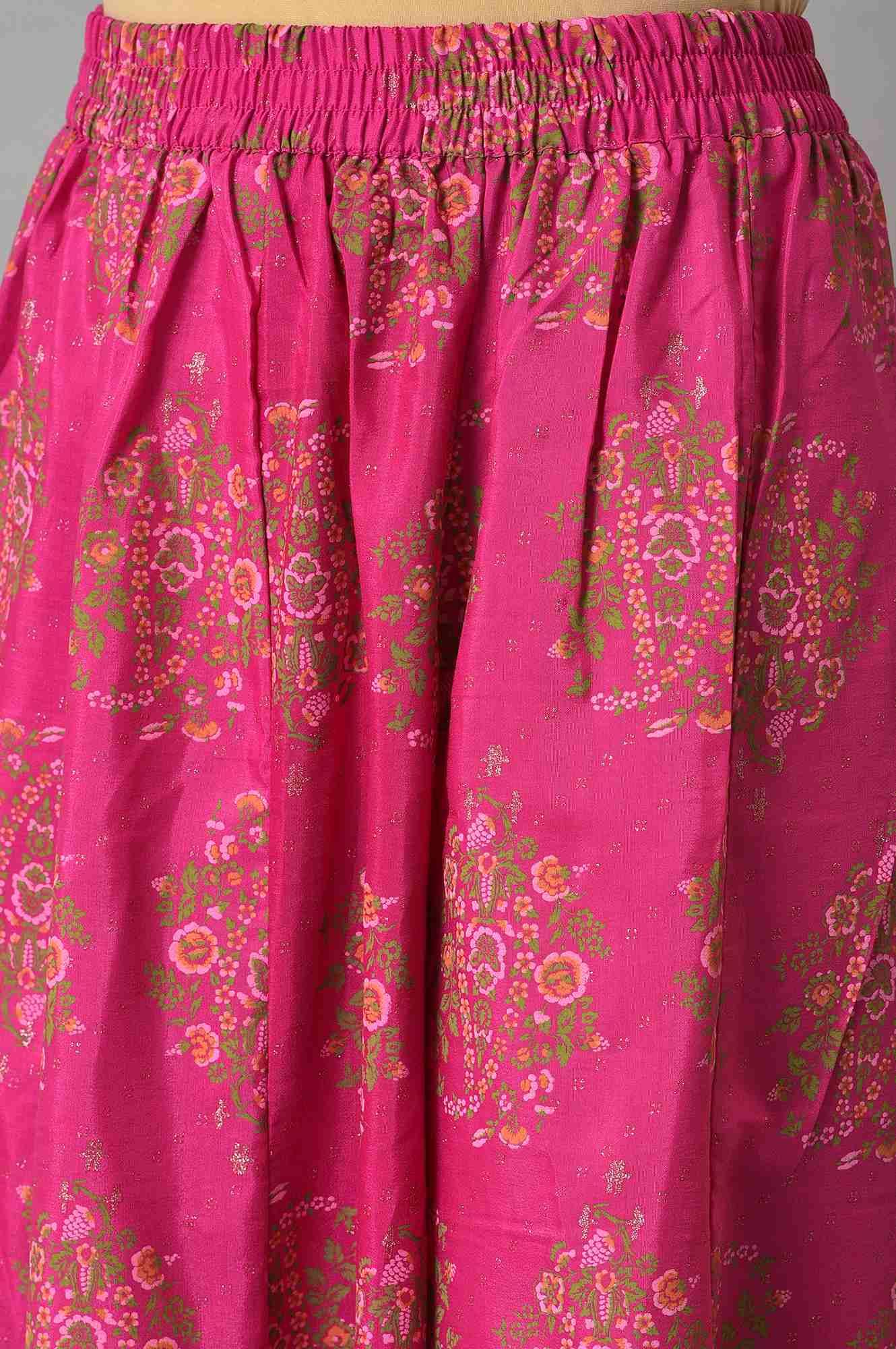 Pink Glitter Printed kurta With Culottes And Green Dupatta - wforwoman