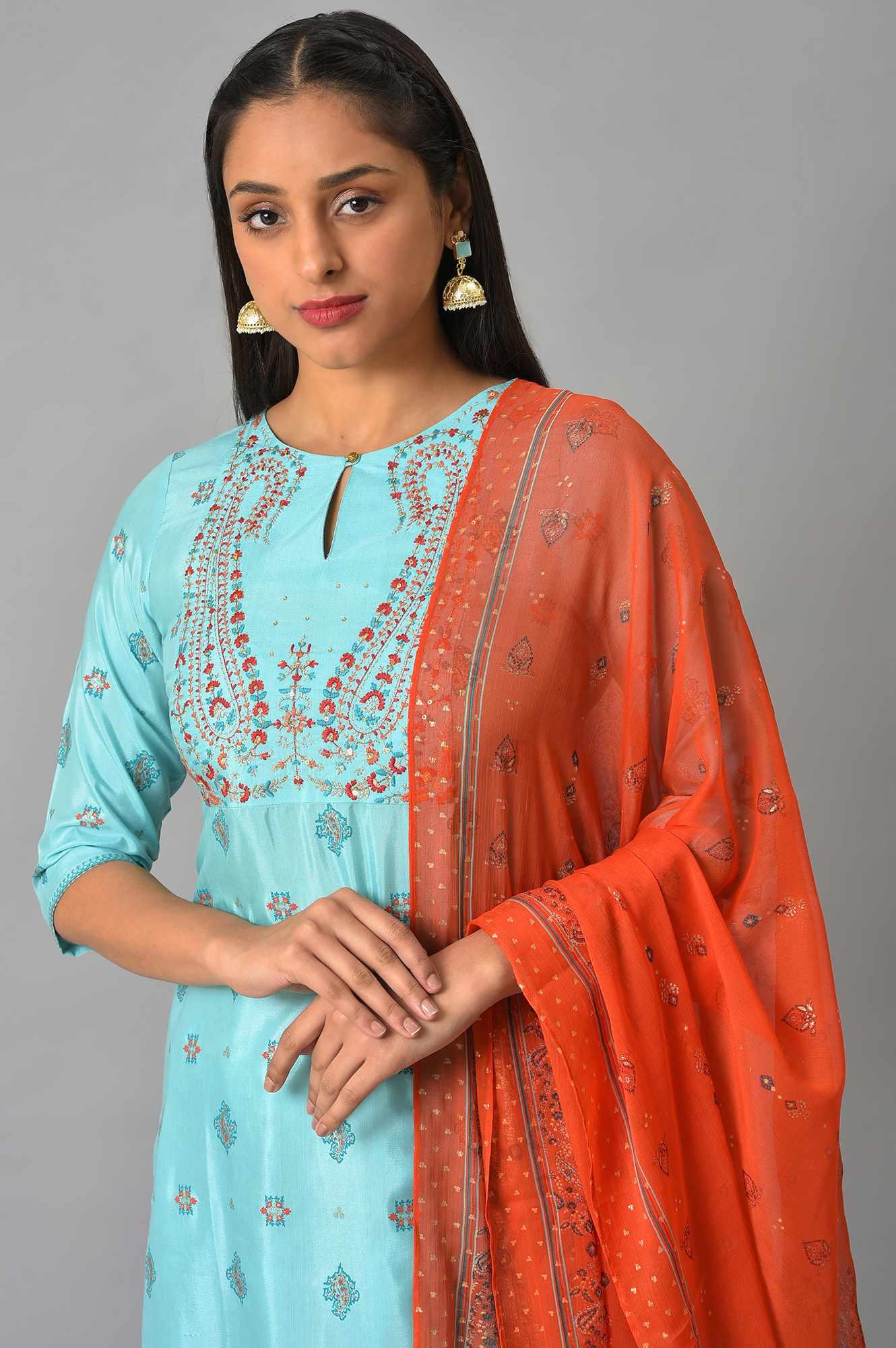 Blue Glitter Printed kurta And Culottes With Red Dupatta - wforwoman