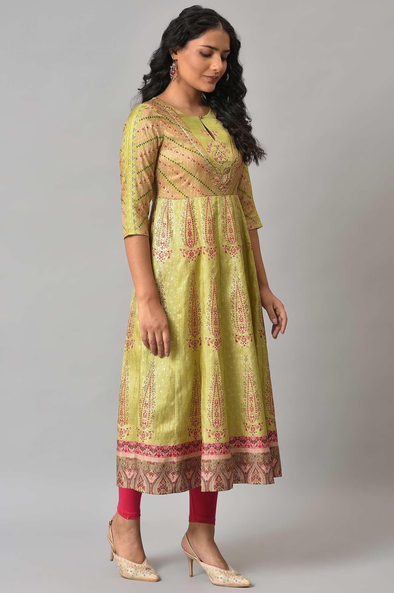 Light Green Karnataka Silk kurta With Dark Pink Tights - wforwoman