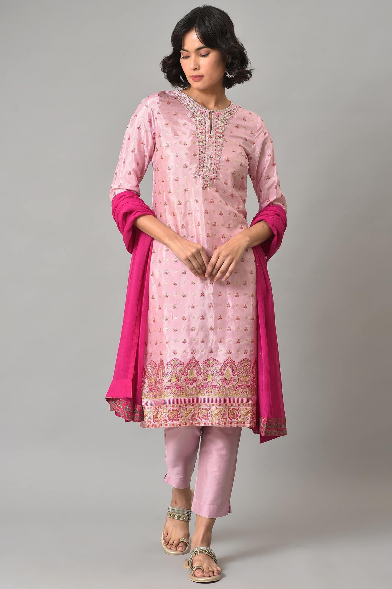 Pink Embroidered Shantung kurta With Slim Pants And Dupatta - wforwoman
