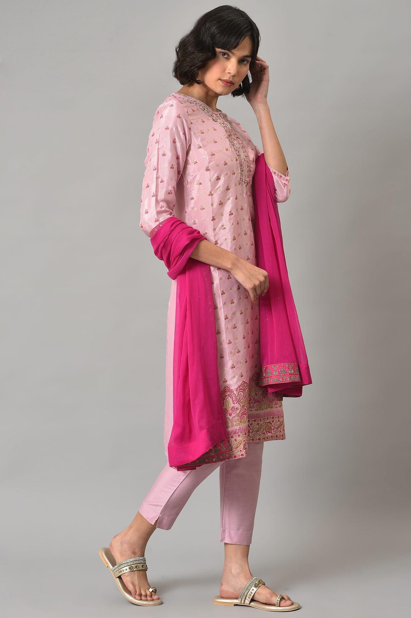 Pink Embroidered Shantung kurta With Slim Pants And Dupatta - wforwoman