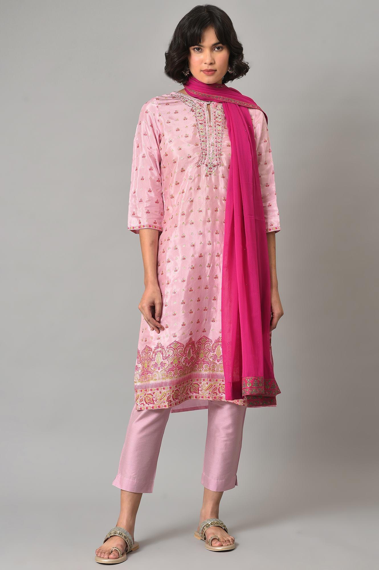 Pink Embroidered Shantung kurta With Slim Pants And Dupatta - wforwoman