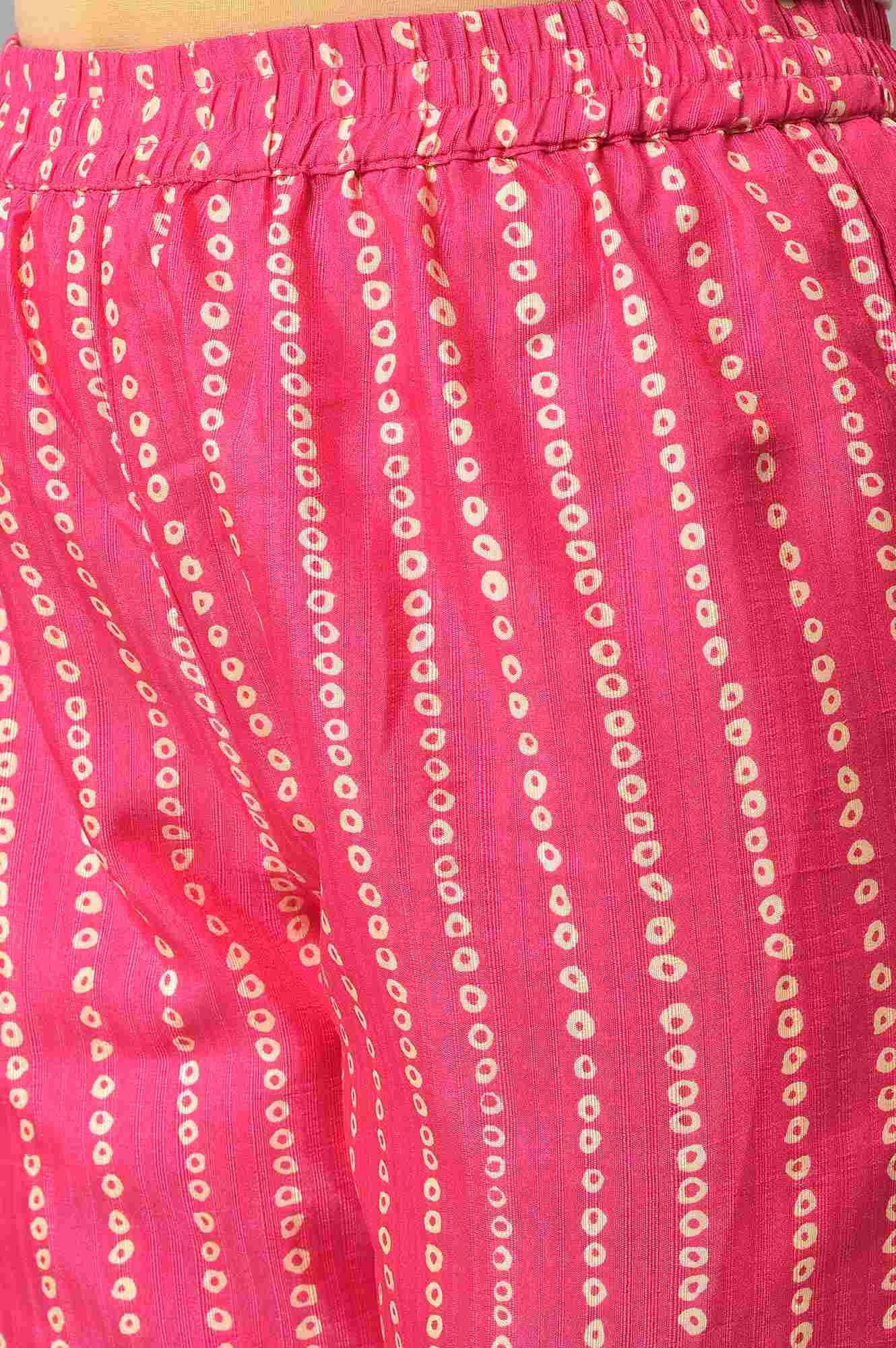 Pink Bandhani Printed Embroidered kurta With Pants And Organza Dupatta - wforwoman