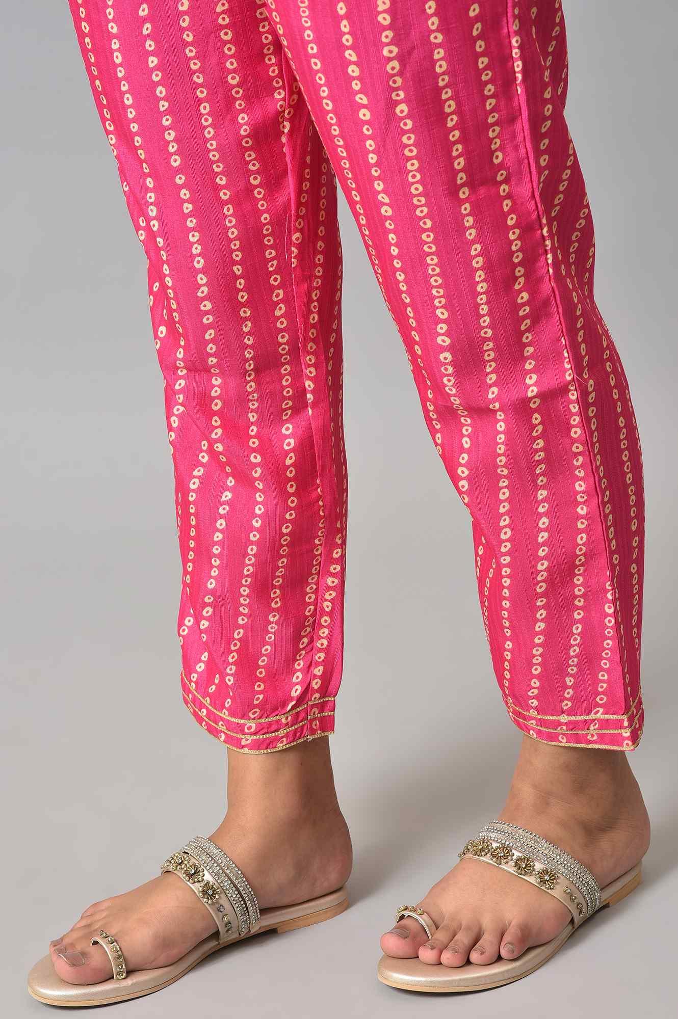 Pink Bandhani Printed Embroidered kurta With Pants And Organza Dupatta - wforwoman