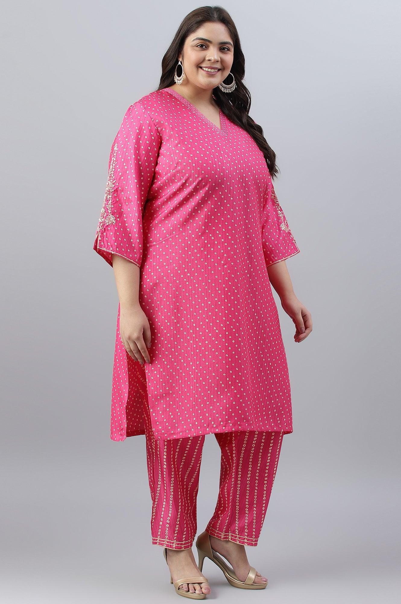 Plus Size Pink Bandhani Printed Embroidered kurta With Pants And Organza Dupatta - wforwoman