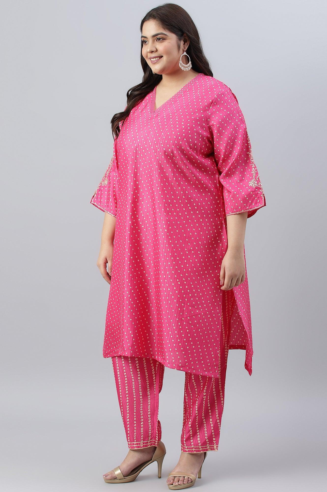 Plus Size Pink Bandhani Printed Embroidered kurta With Pants And Organza Dupatta - wforwoman