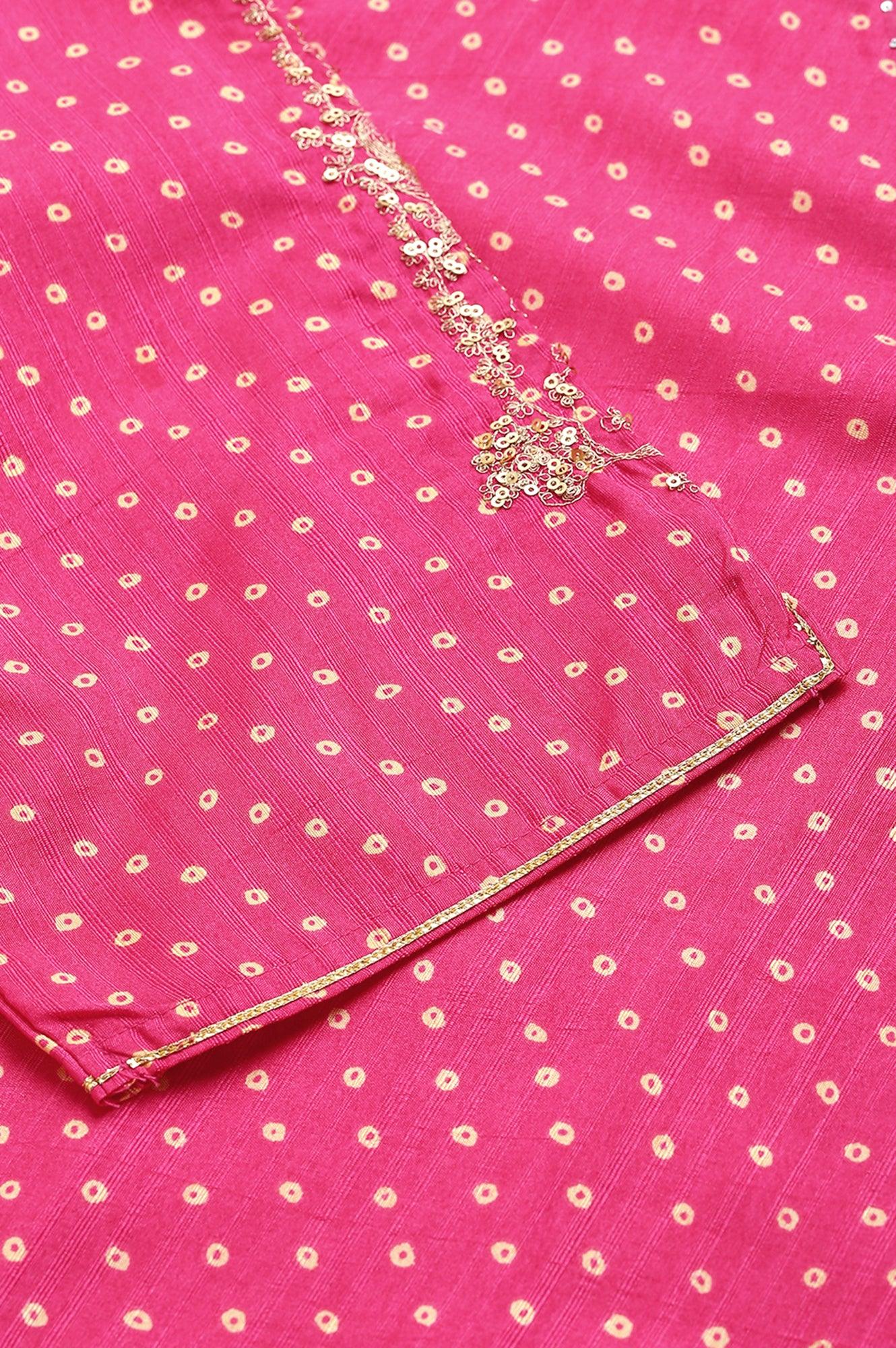 Plus Size Pink Bandhani Printed Embroidered kurta With Pants And Organza Dupatta - wforwoman