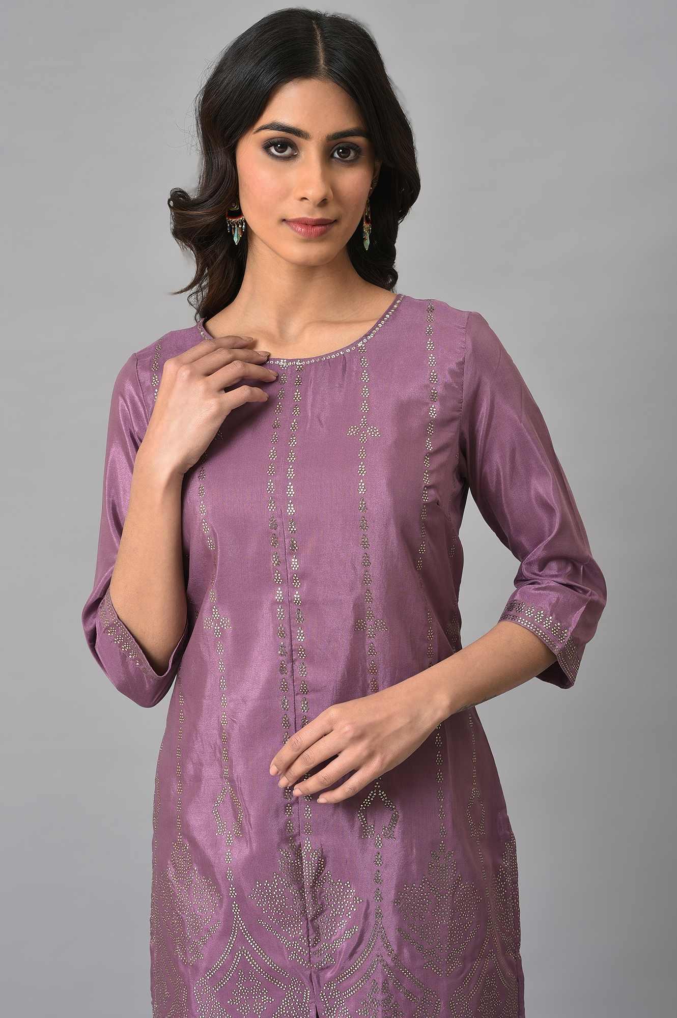 Purple Silver Mukaish Festive kurta With Parallel Pants - wforwoman