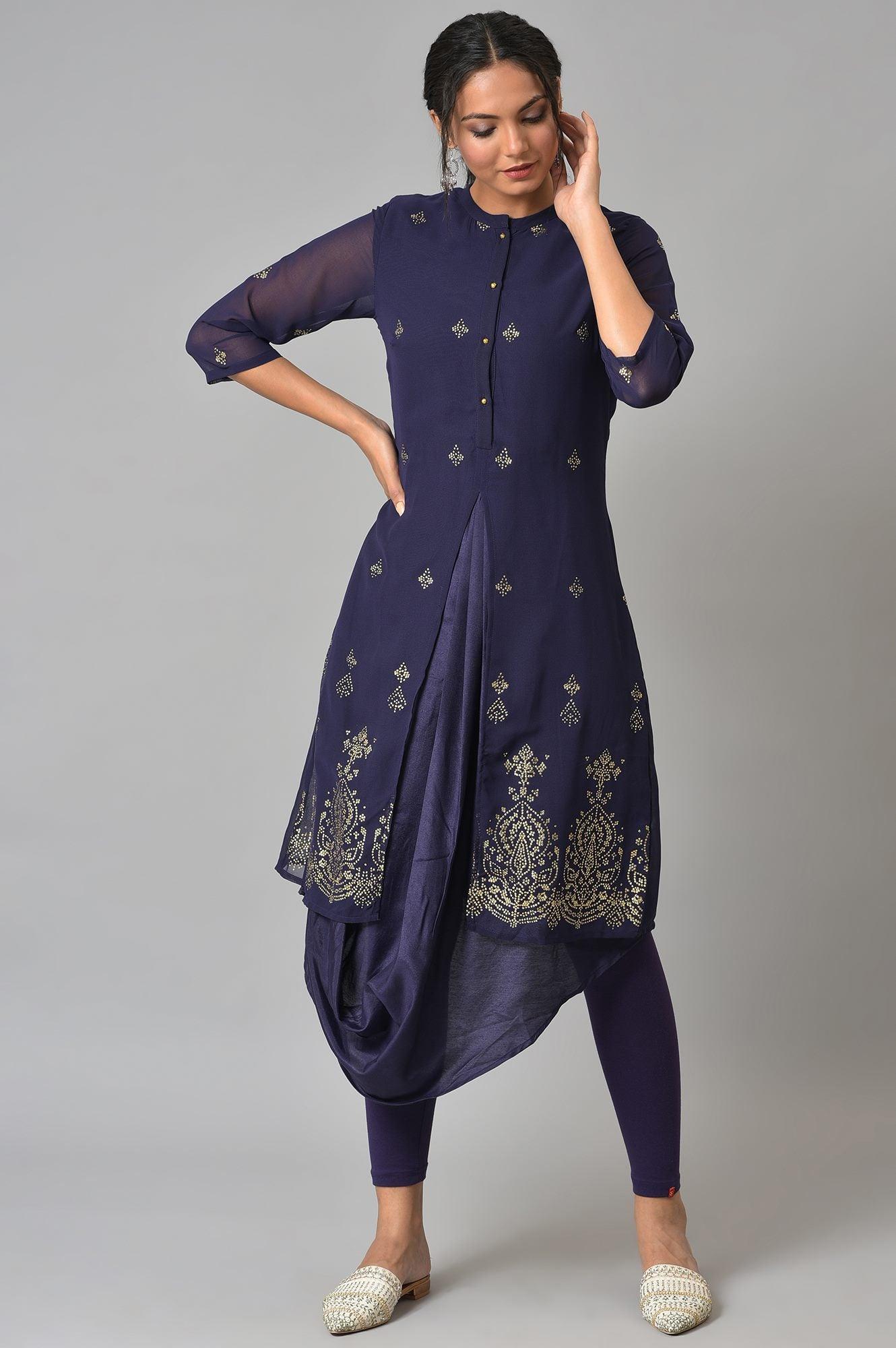 Grape Purple Cowled Hemline kurta With Tights - wforwoman