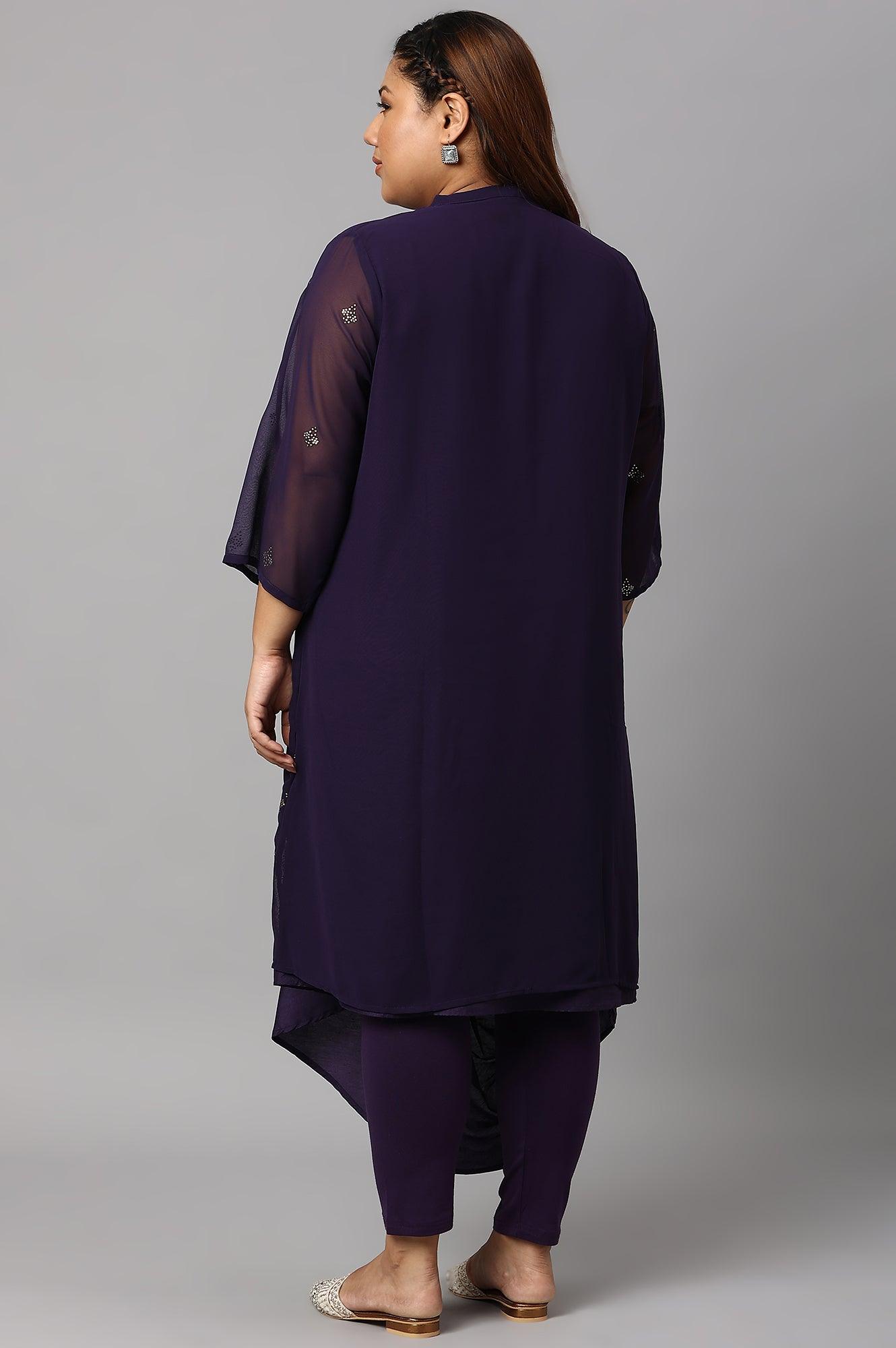 Plus Size Grape Purple Cowled Hemline kurta With Tights - wforwoman