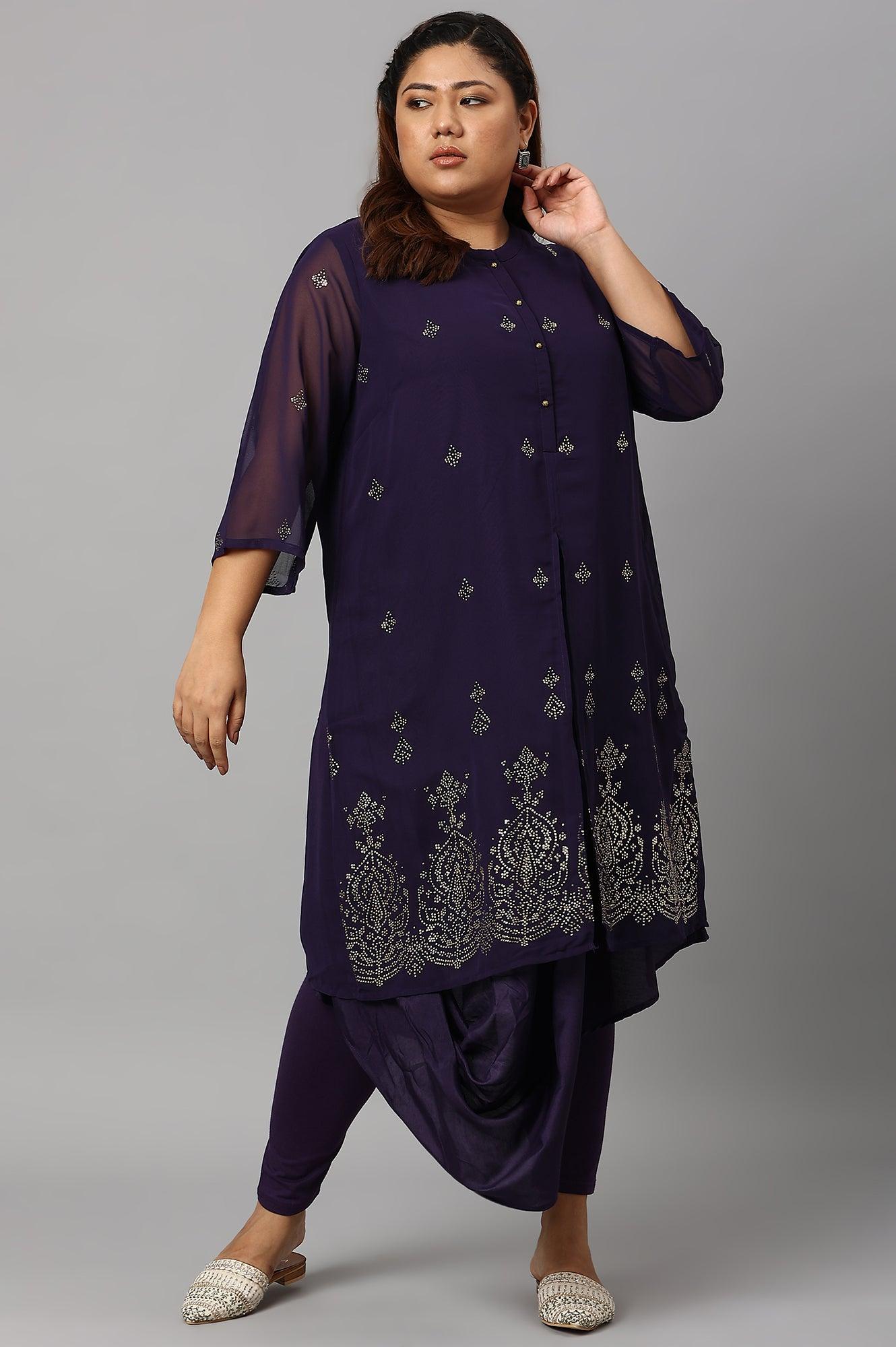 Plus Size Grape Purple Cowled Hemline kurta With Tights - wforwoman