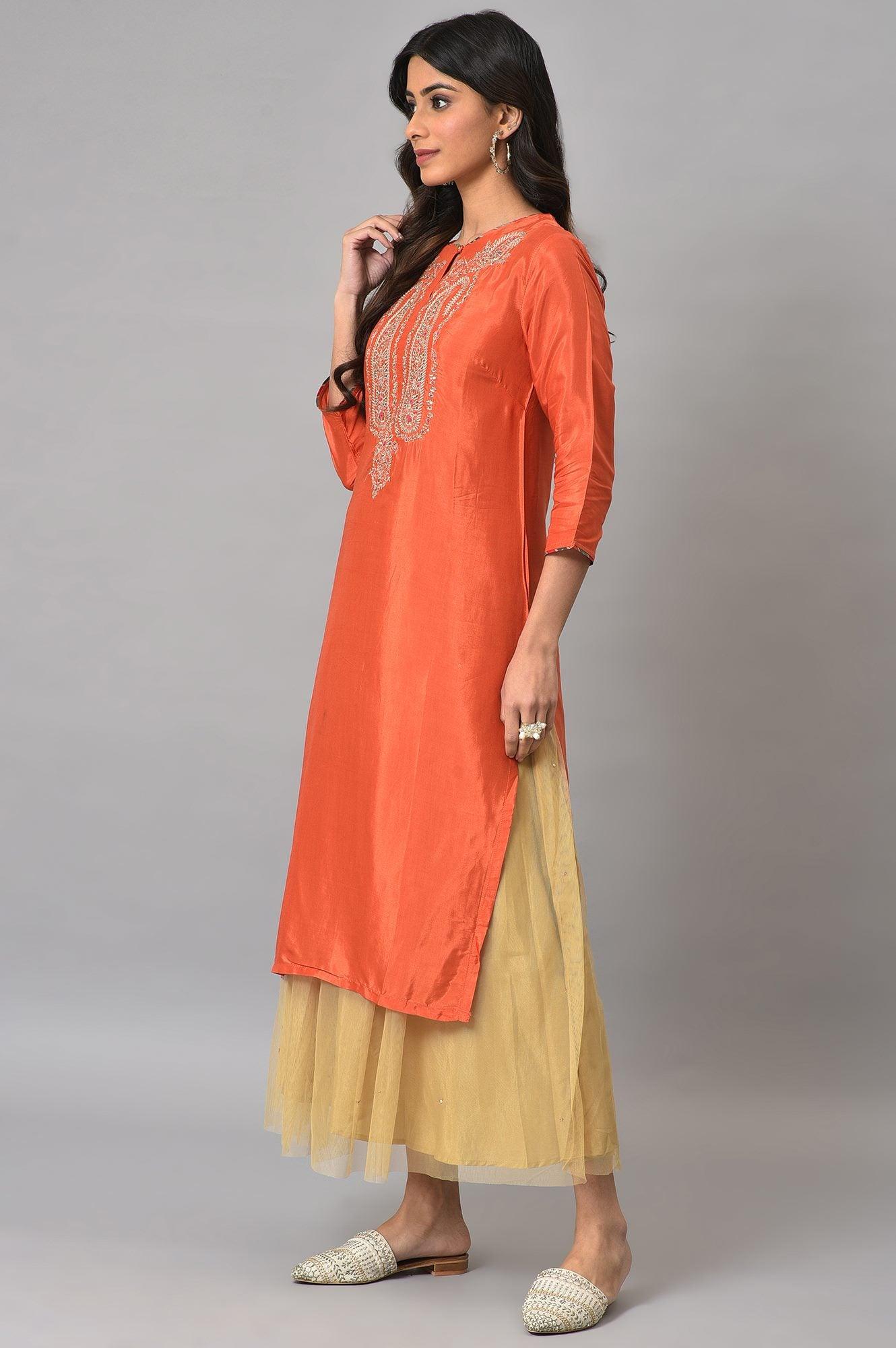 Orange Embroidered Festive kurta With Golden Mesh Skirt - wforwoman