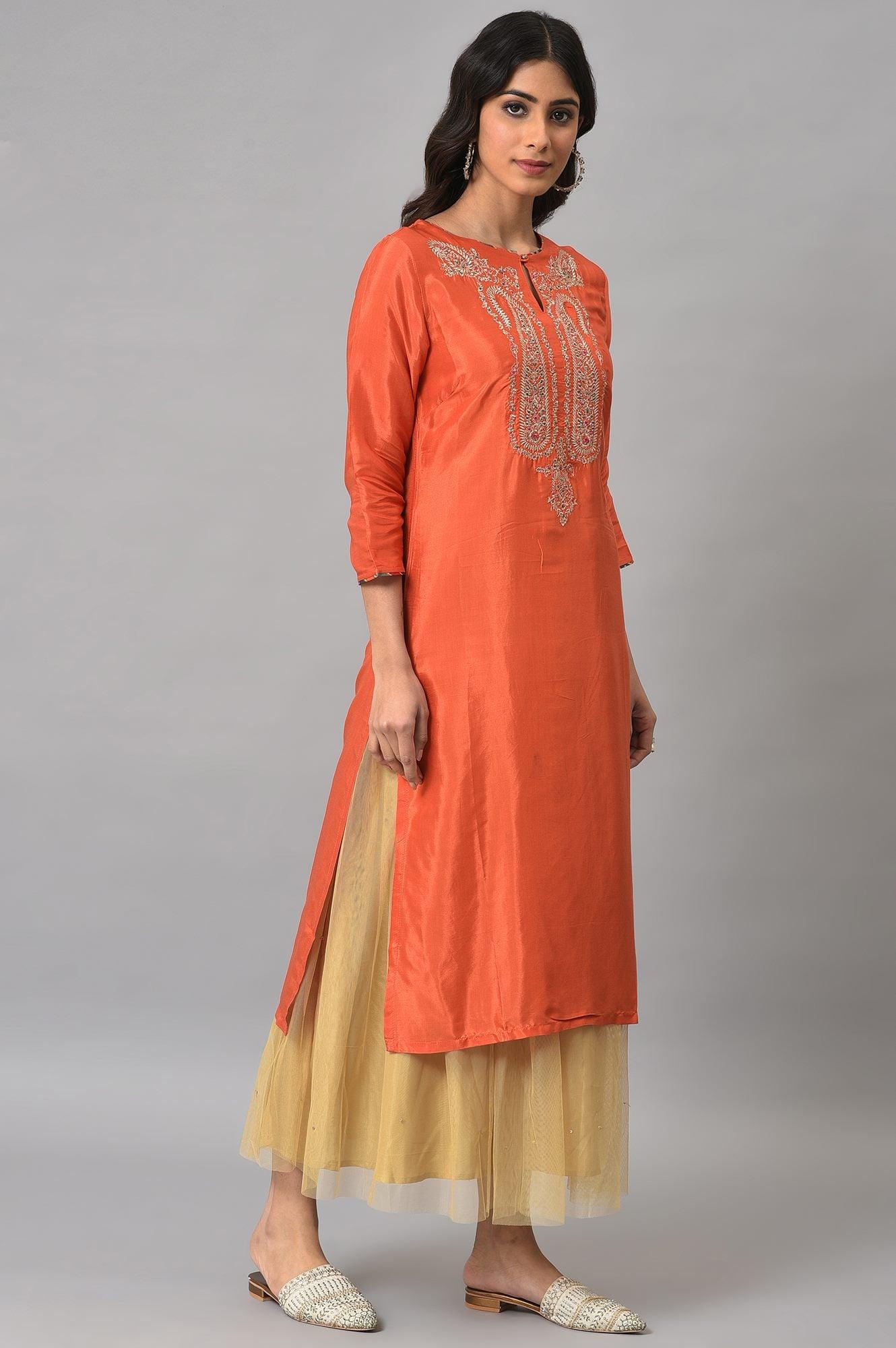 Orange Embroidered Festive kurta With Golden Mesh Skirt - wforwoman