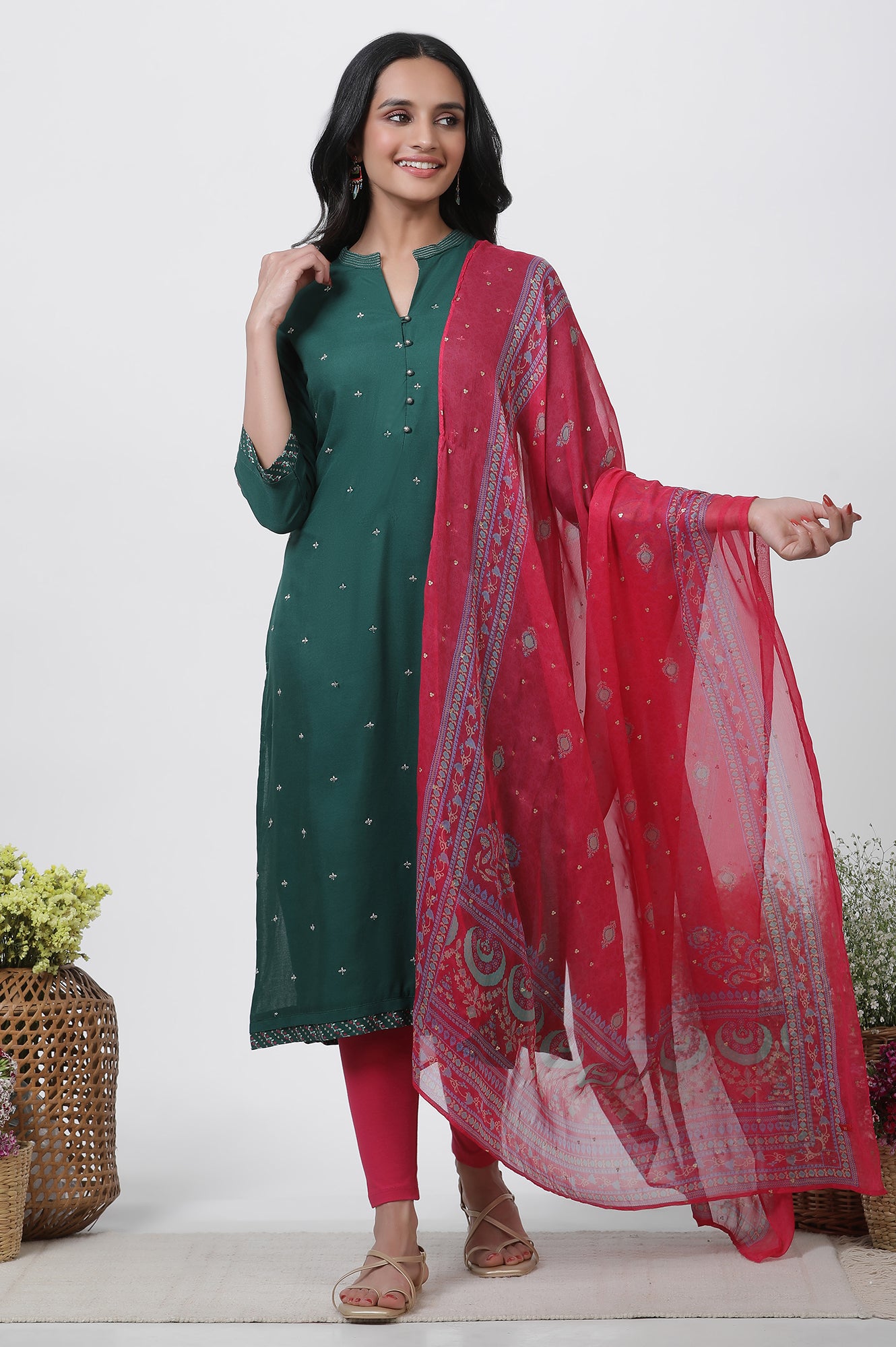 Green Embroidered Kurta, Tights And Dupatta Set
