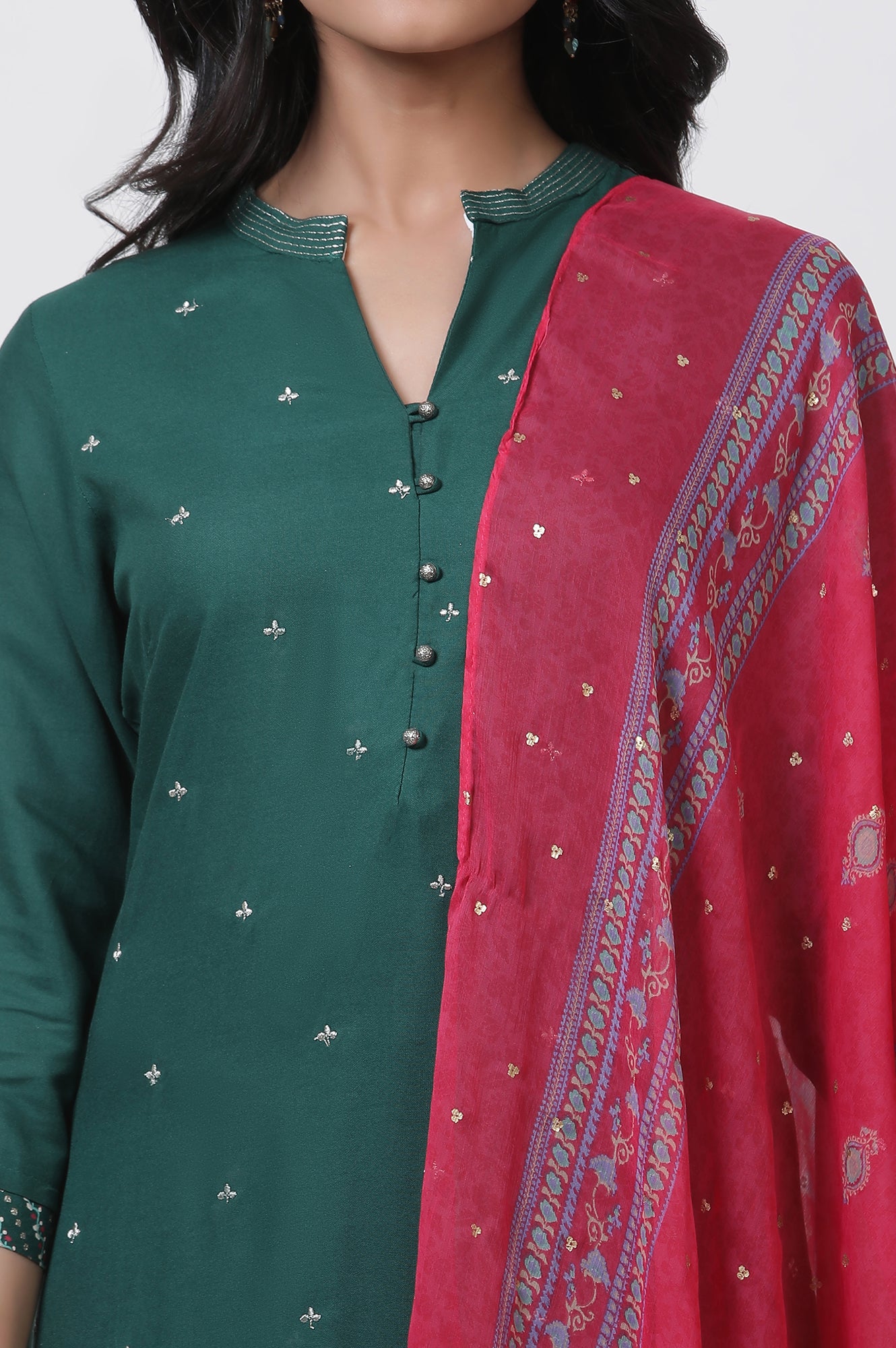 Green Embroidered Kurta, Tights And Dupatta Set