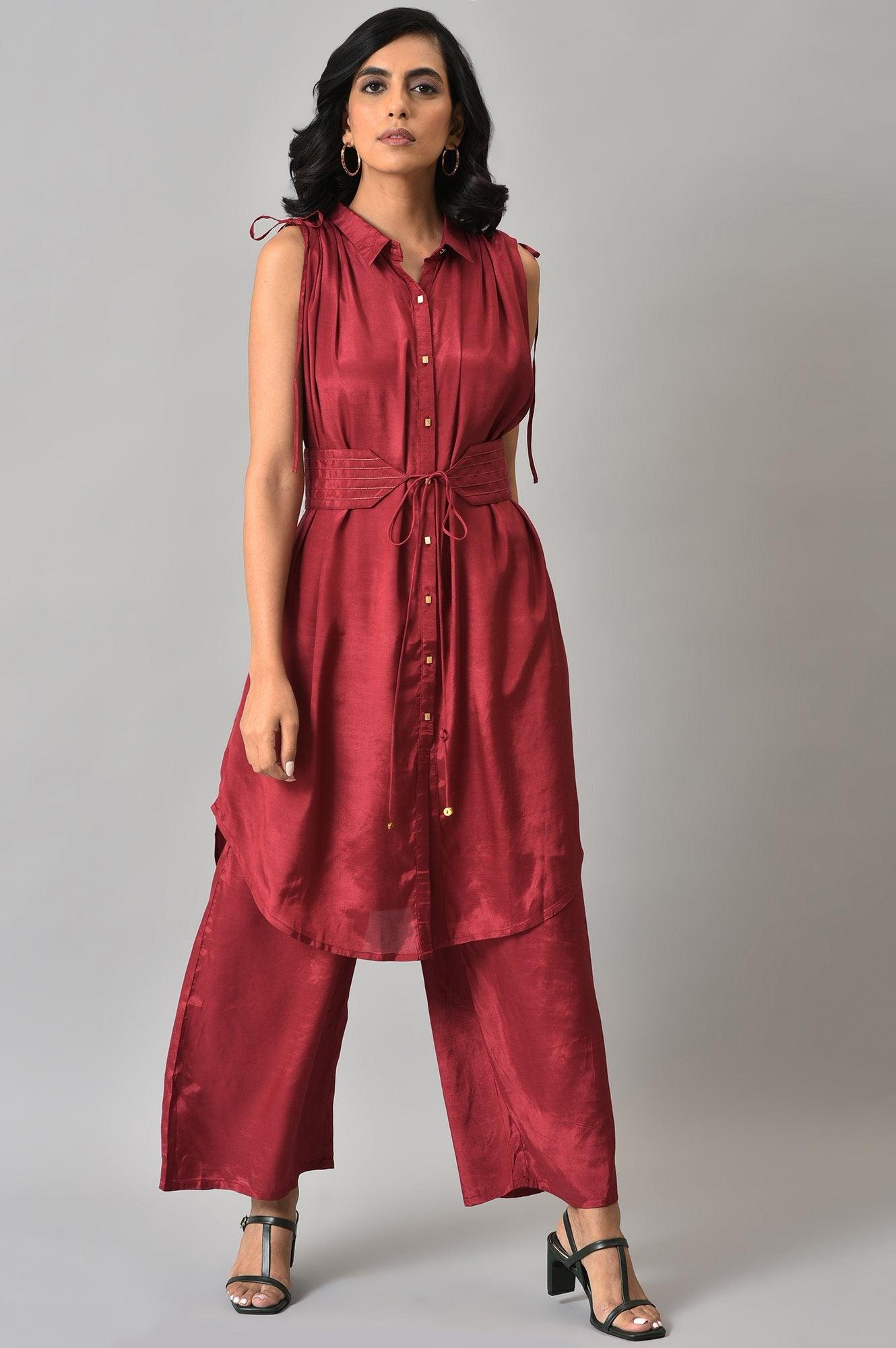 Dark Red Solid Shantung kurta with Parallel Pants Co-ord Set - wforwoman