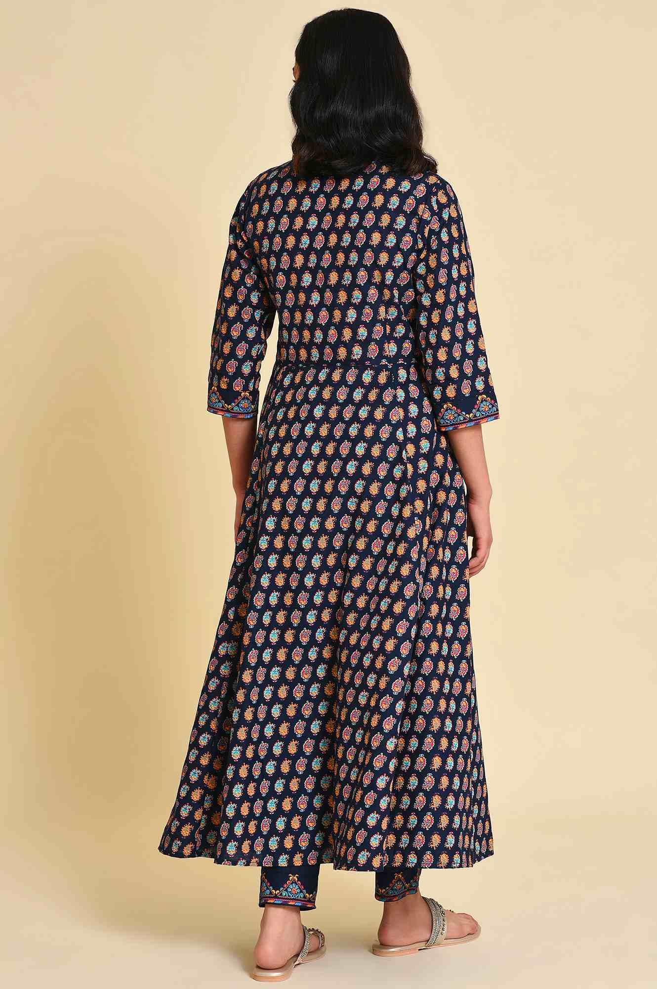 Navy Blue Multicolor Printed Angrakha kurta Set - wforwoman