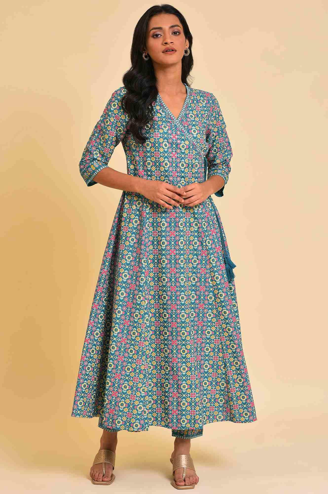 Blue Multicolor Printed Angrakha kurta Set - wforwoman