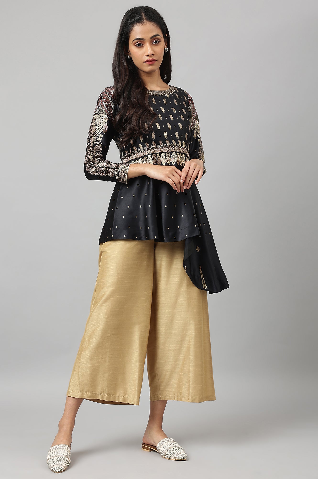 Gold Solid Plain Straight Woven Parallel Pant