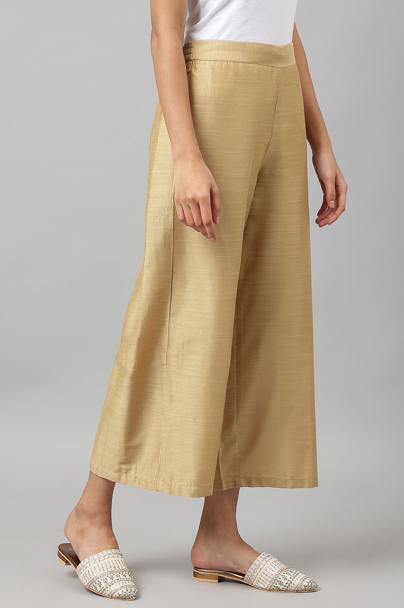 Gold Solid Plain Straight Woven Parallel Pant