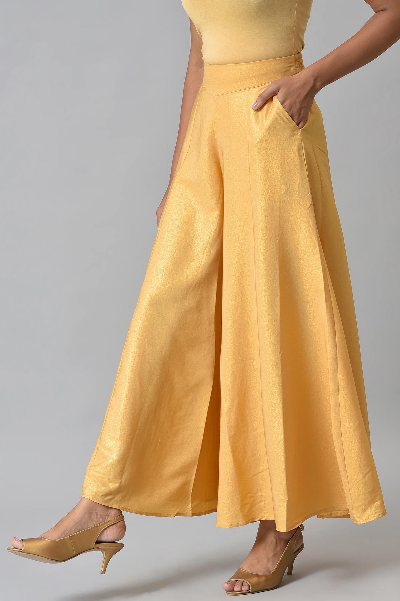 Gold Solid Flared Woven Palazzo With Side Pockets