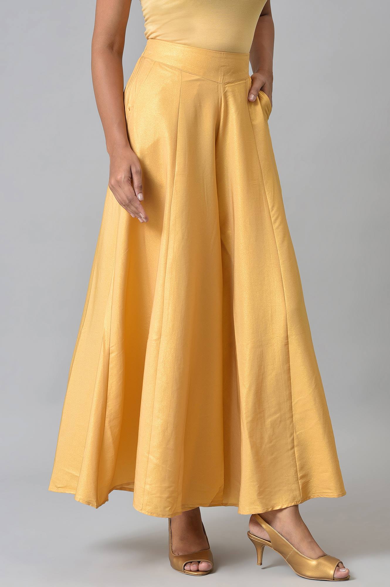 Gold Solid Flared Woven Palazzo With Side Pockets