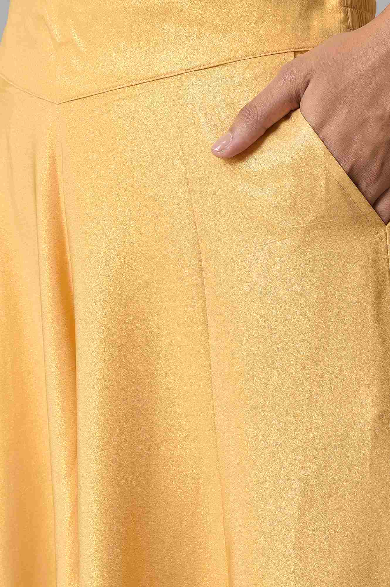 Gold Solid Flared Woven Palazzo With Side Pockets