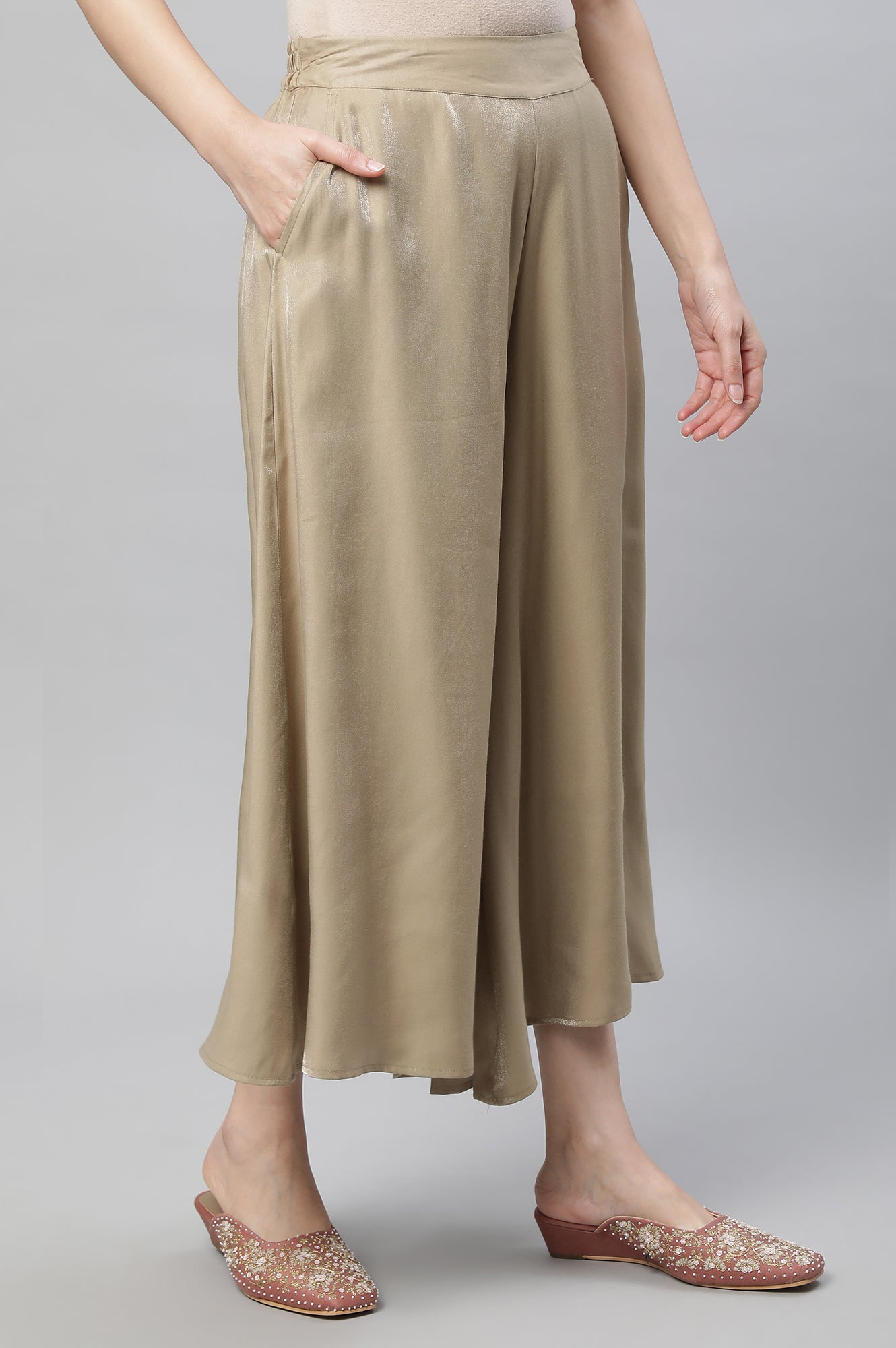 Gold Solid Flared Rayon Culottes With Slip On Closure