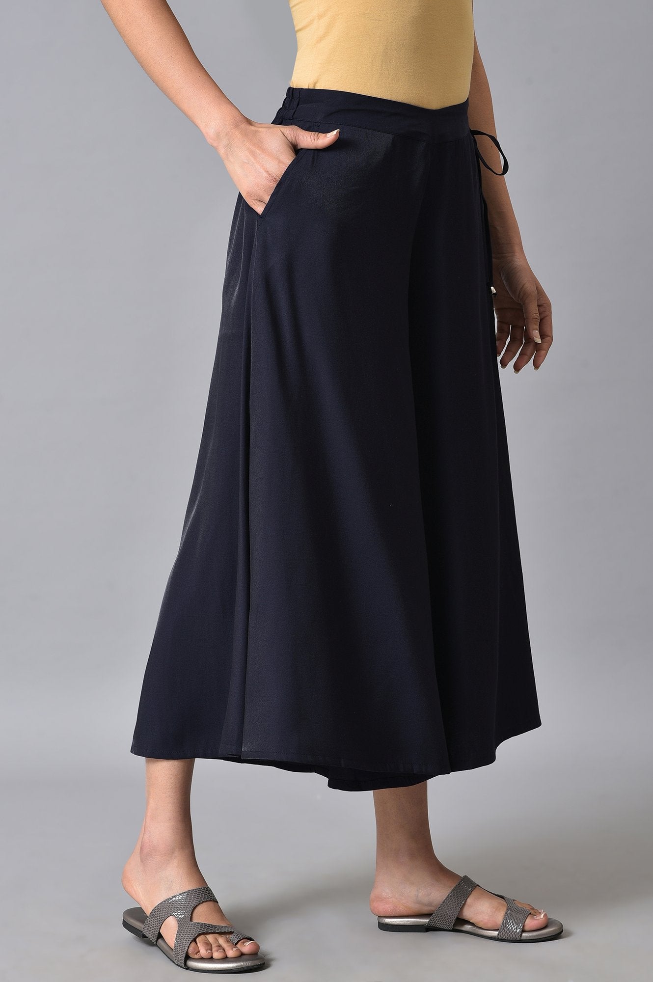 Navy Blue Solid Flared Rayon Culottes with Drawstring Detail