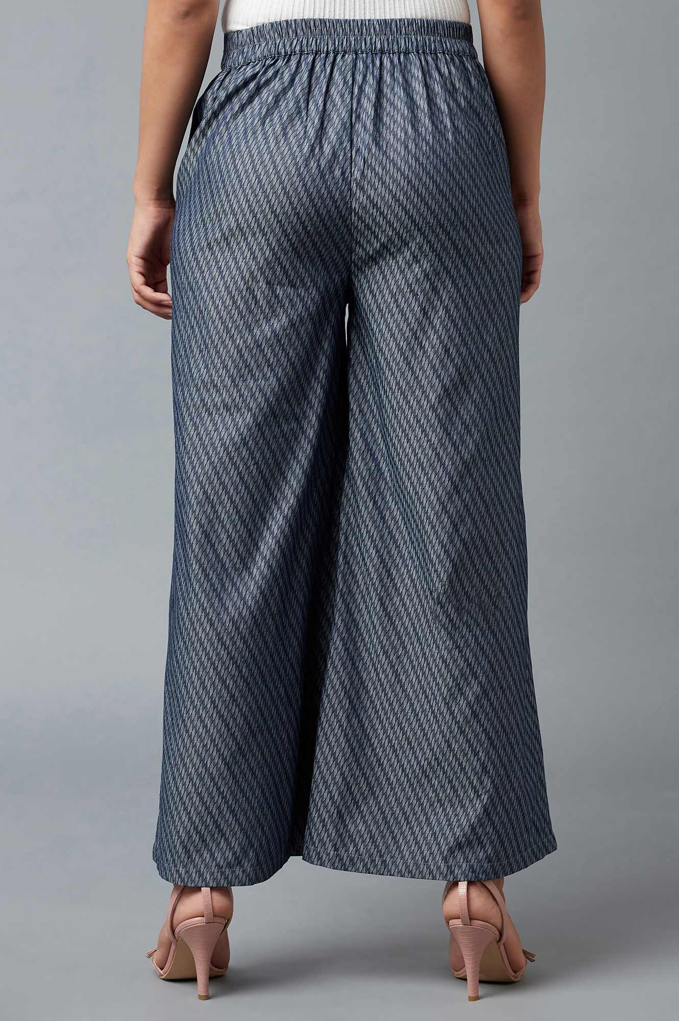 Blue Geometric Printed Flared Cotton Palazzo With Elasticated Waist