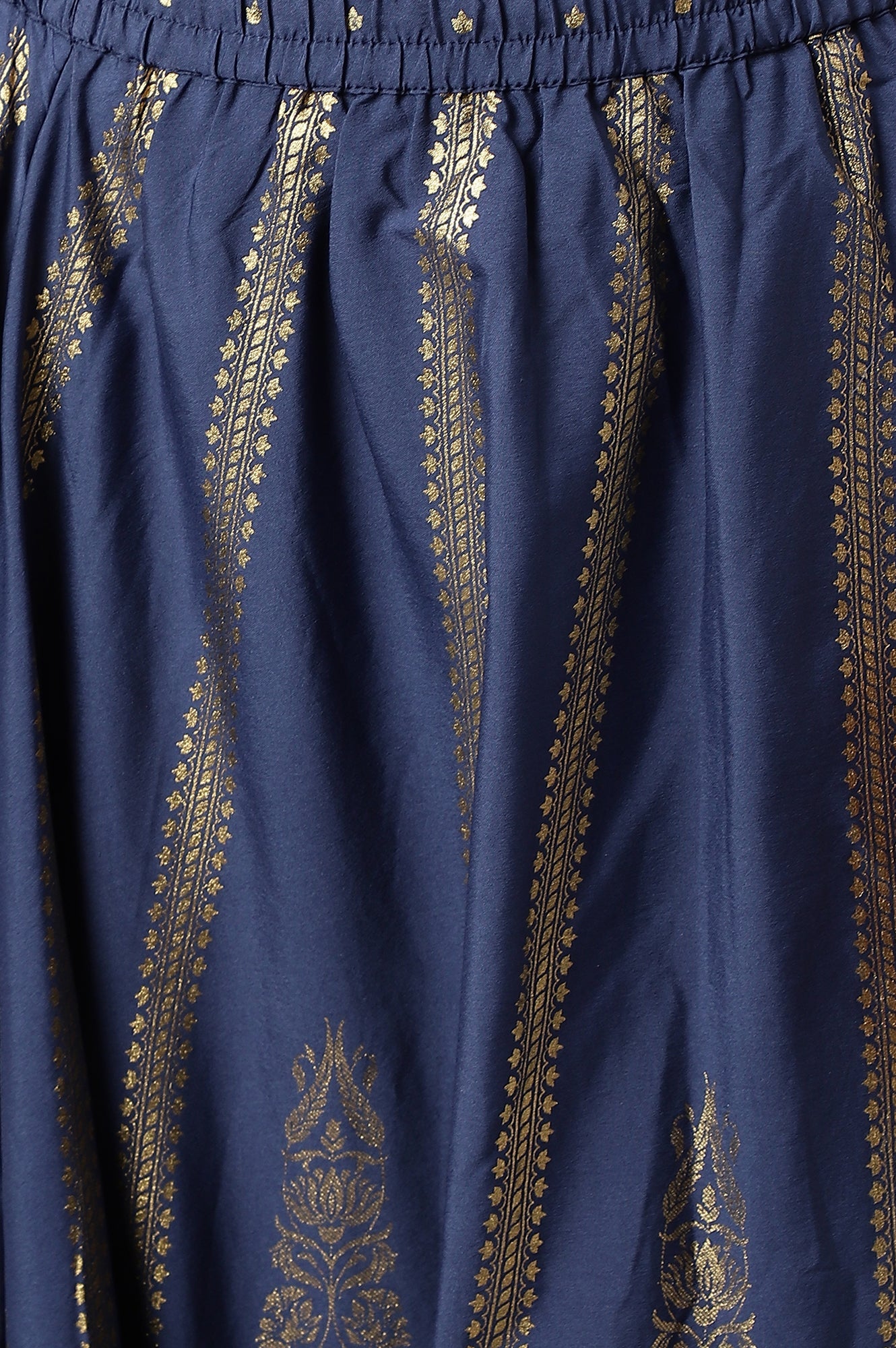 Navy Blue Floral Printed Flared Woven Skirt With Elasticated Waist