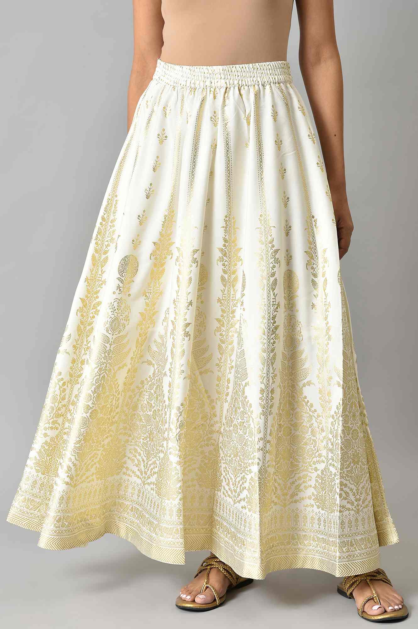 White Floral Printed Flared Woven Skirt With Elasticated Waist