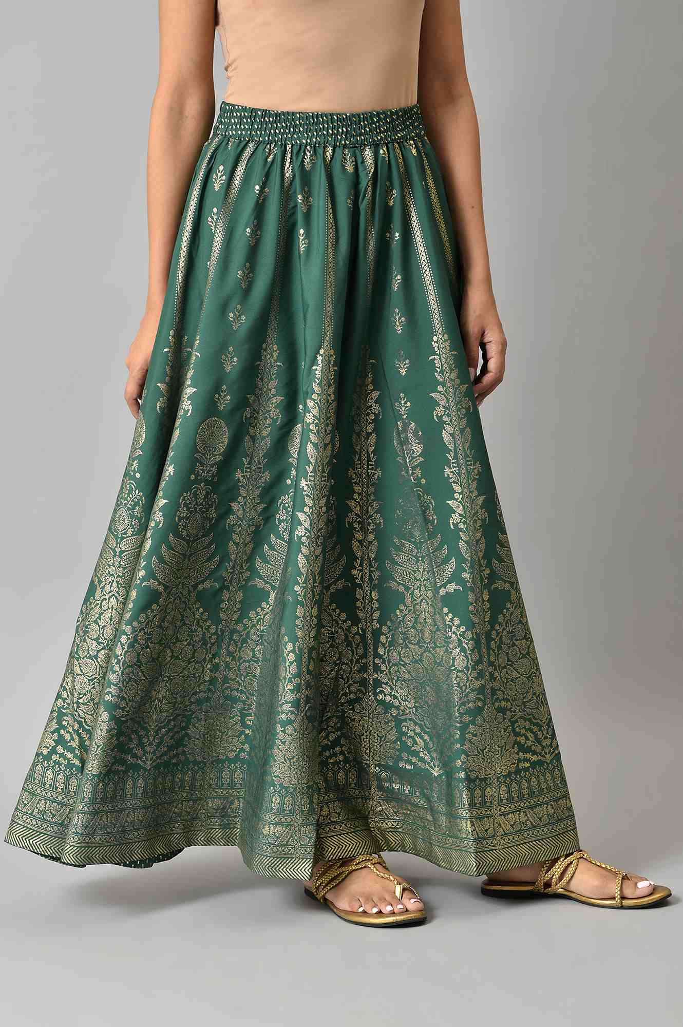 Green Floral Printed Flared Woven Skirt With Elasticated Waist