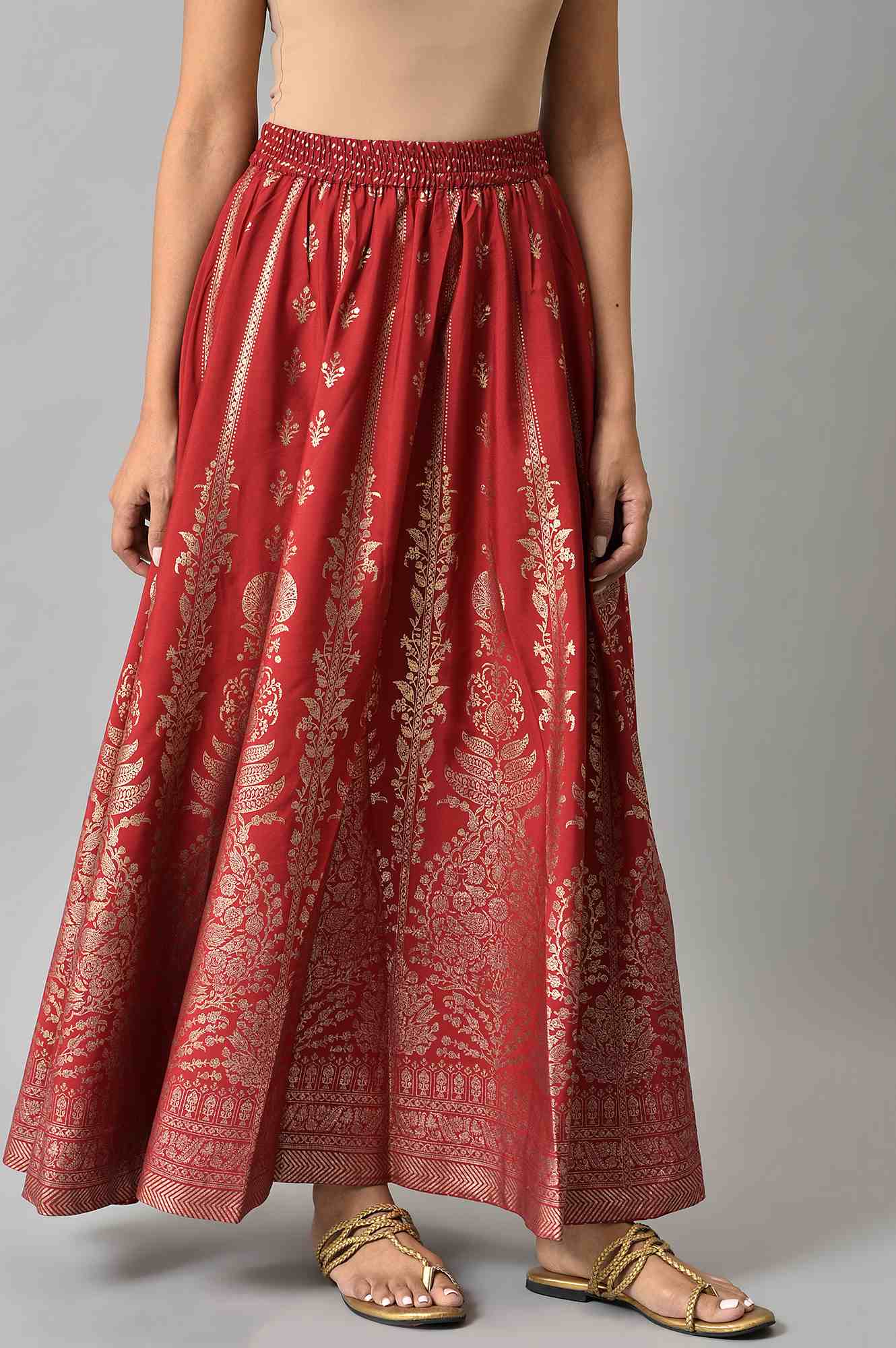 Maroon Floral Printed Flared Woven Skirt With Elasticated Waist